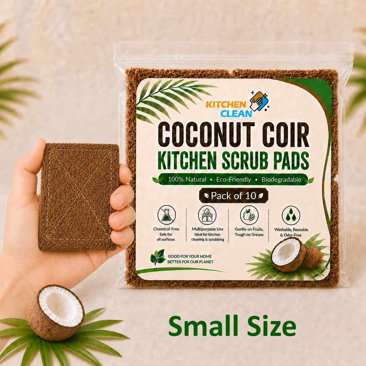 Kitchen Clean Coconut Scrub Pad, Brown, (Small, 3x4 inch, Pack of 10)