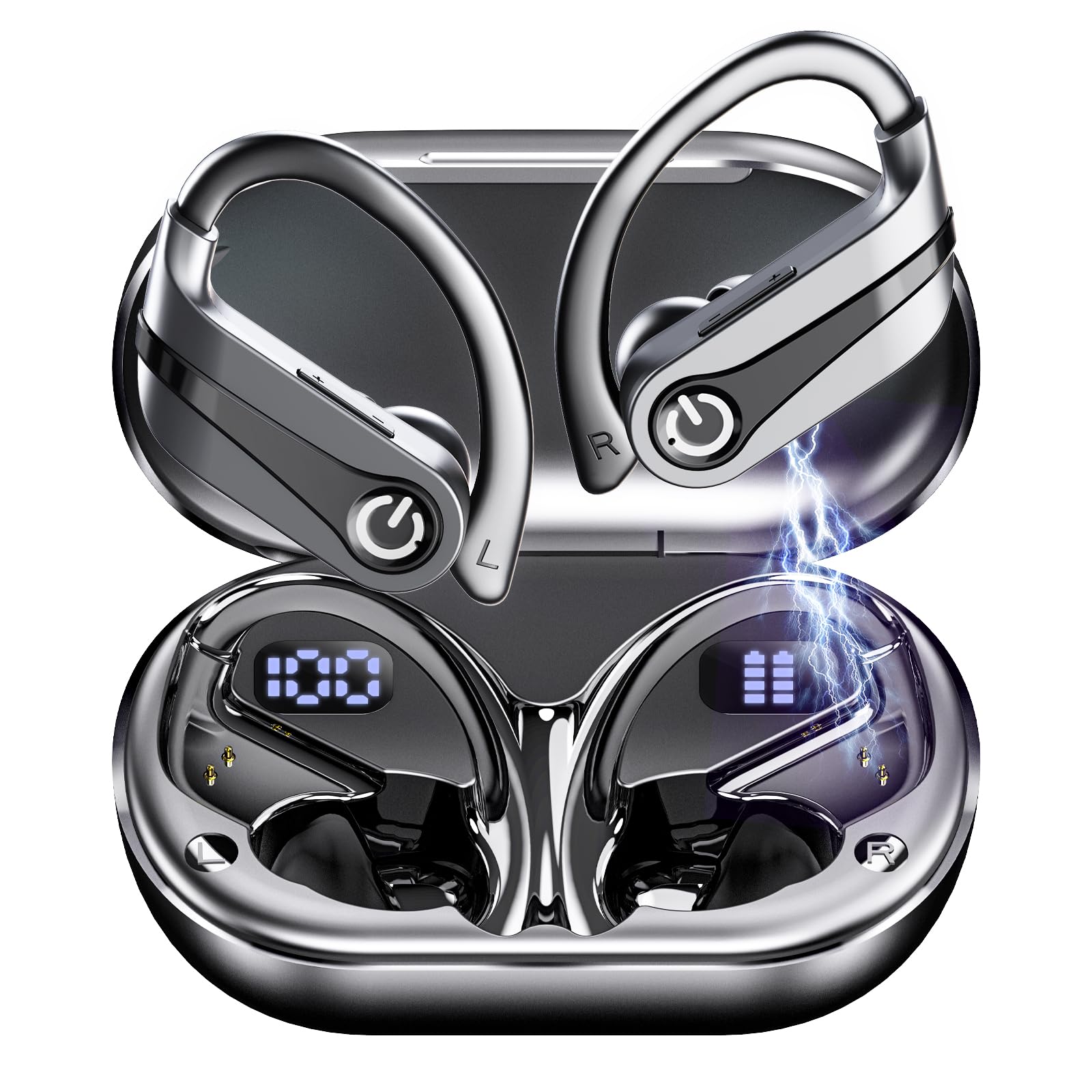 Sport Cuffie Bluetooth - 2024 Auricolari Bluetooth Stereo di Alta Qualità, Cuffie Wireless Bluetooth con Riduzione Rumore ENC e Display LED, Impermeabili IP7 per Sport - Nero