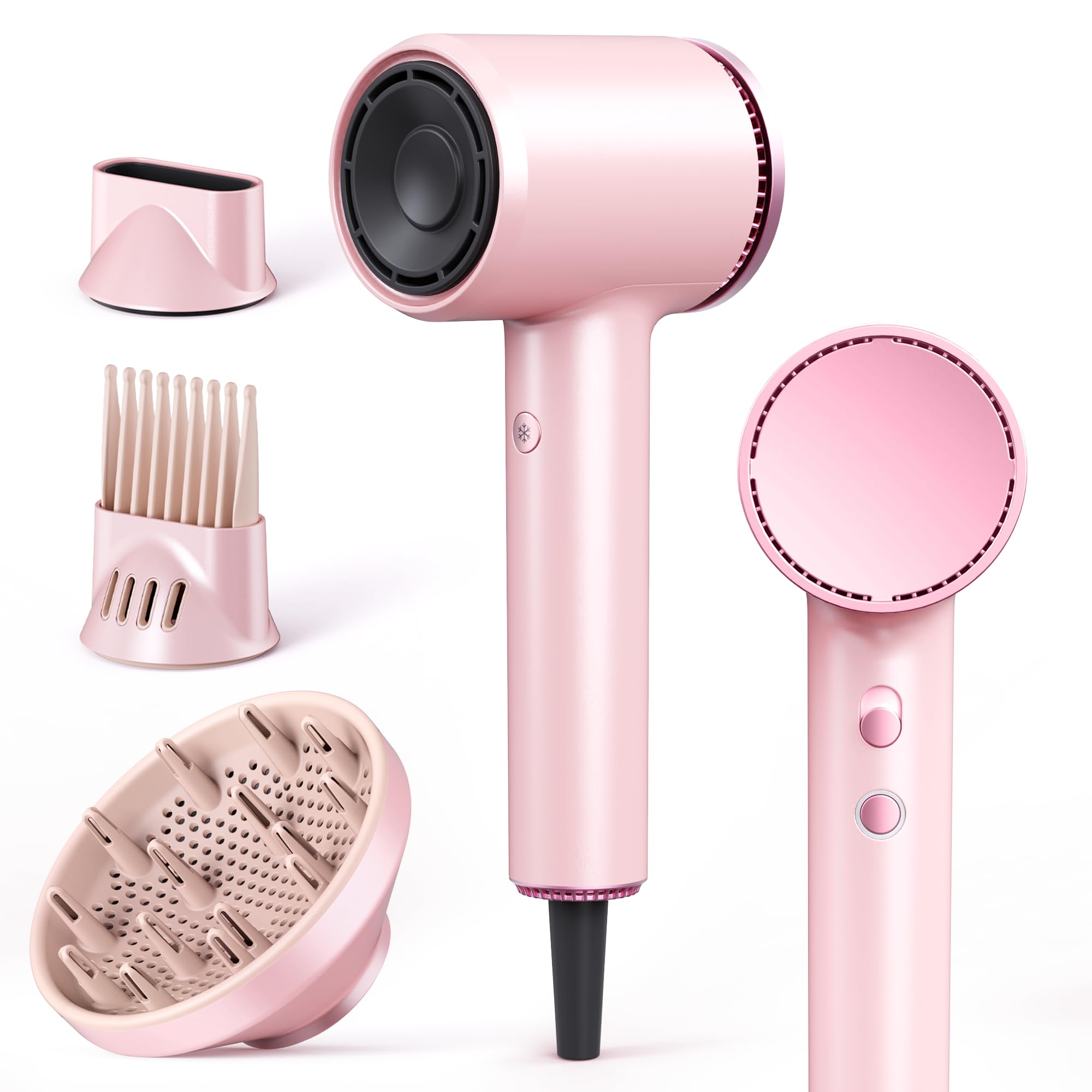 Asciugacapelli Phon Capelli con Diffusore, Phon Ionico 1600W ad Alta Velocità, 110.000 giri/min, 2 Velocità, 4 Temperature, Phon da Viaggio Leggero Silenzioso per Donna, Rosa - 1