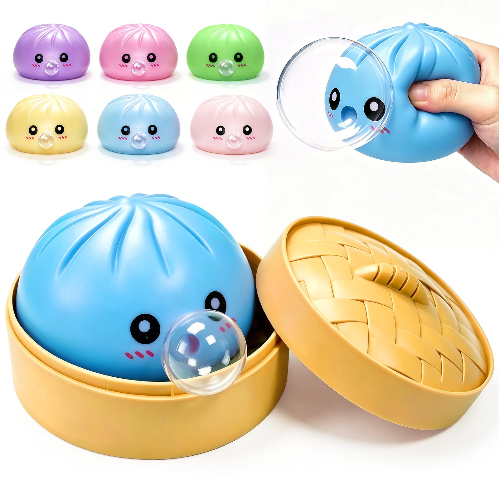 Photo 1 of NODUJX Dumpling Squishy, Dumpling Squishy Mystery Box with Bubble Blower & Steamer Box, Dumpling Stress Balls, Fidget Sensory Toy for Anxiety Relief, Office Gift for Adults (Bule)