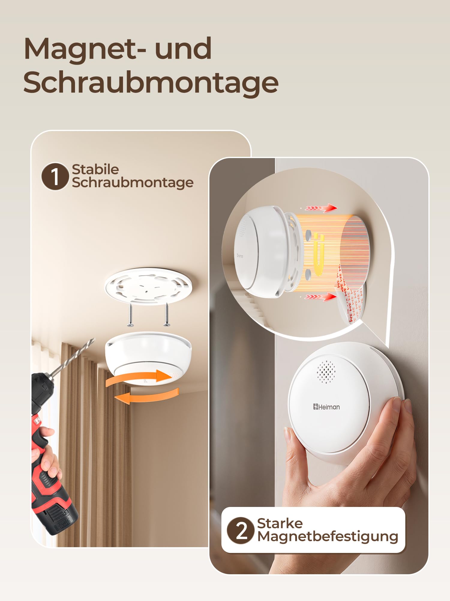Heiman Rauchmelder 10 Jahre Batterie mit Magnethalterung, 12er Set+Gateway