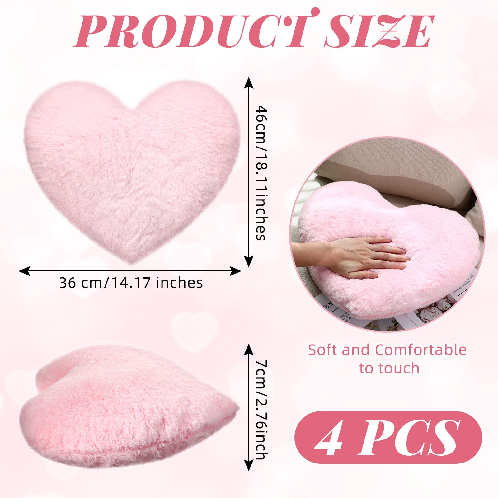 Remerry 4 Pcs Heart Shaped Cute Throw Pillows Faux Rabbit Fur Heart Pillow Soft Fluffy Throw Cushion Decorative for Bedroom Bed Sofa Kid Girls Women (Pink)