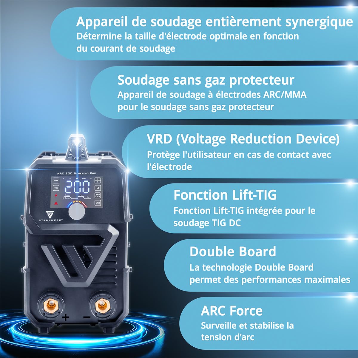 STAHLWERK Poste à souder à l'électrode ARC 200 Synergic Pro Digital – MMA jusqu'à 200 A, soudage sans gaz, Inverter Lift-TIG, Hotstart, fonction Antistick, Smart Cooling & protection surchauffe
