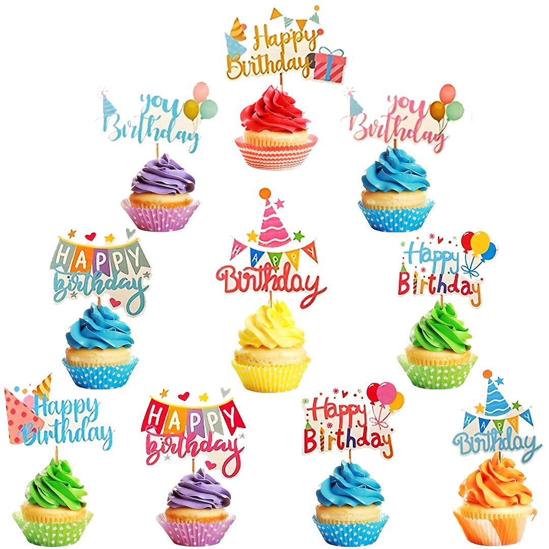 Pangogogo 50Pcs Happy Birthday Cupcake Toppers,Colorful Hot Air Balloon Hat Happy Birthday Cake Toppers?10 Styles Small Cake Toppers Dessert Topper for Girl Boy Child's Birthday Party