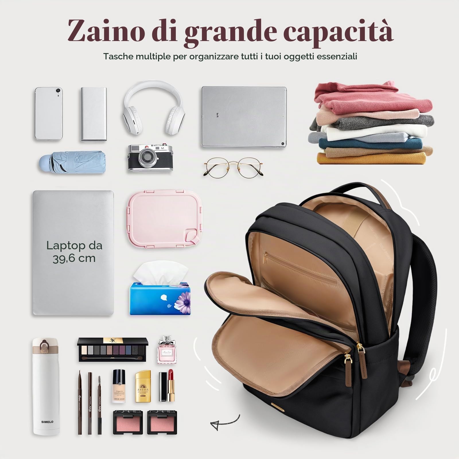 GOLF SUPAGS Zaino Porta PC Donna da 15.6 Pollici, Multifunzionale Zaino da Viaggio, Zainos Lavoro Donna, Zainos Capiente per Università, Viaggi, Ufficio, Scuola (Nero)