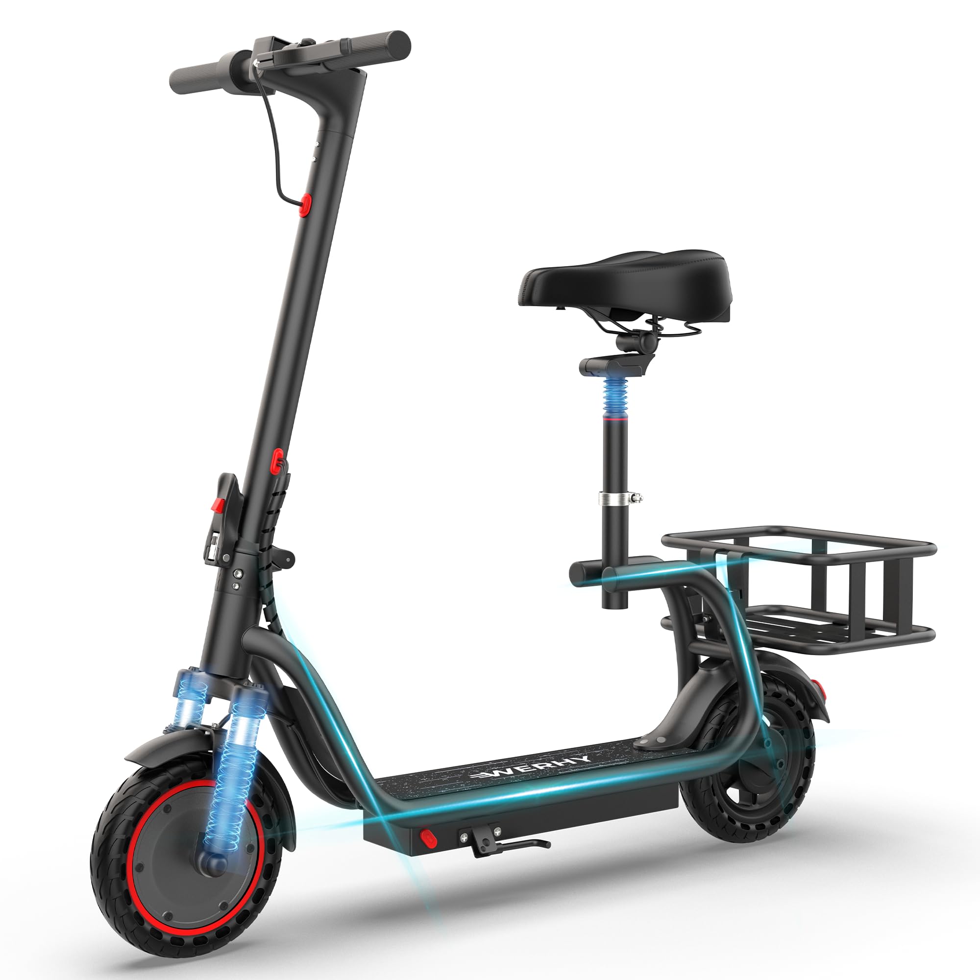 WERHY Electric Scooter with Seat & Suspension - Max 27/49 Miles Range, Top Speed 19/22 MPH, 14" Tires, 500W/750W Powerful Motor, Rear Seat Basket