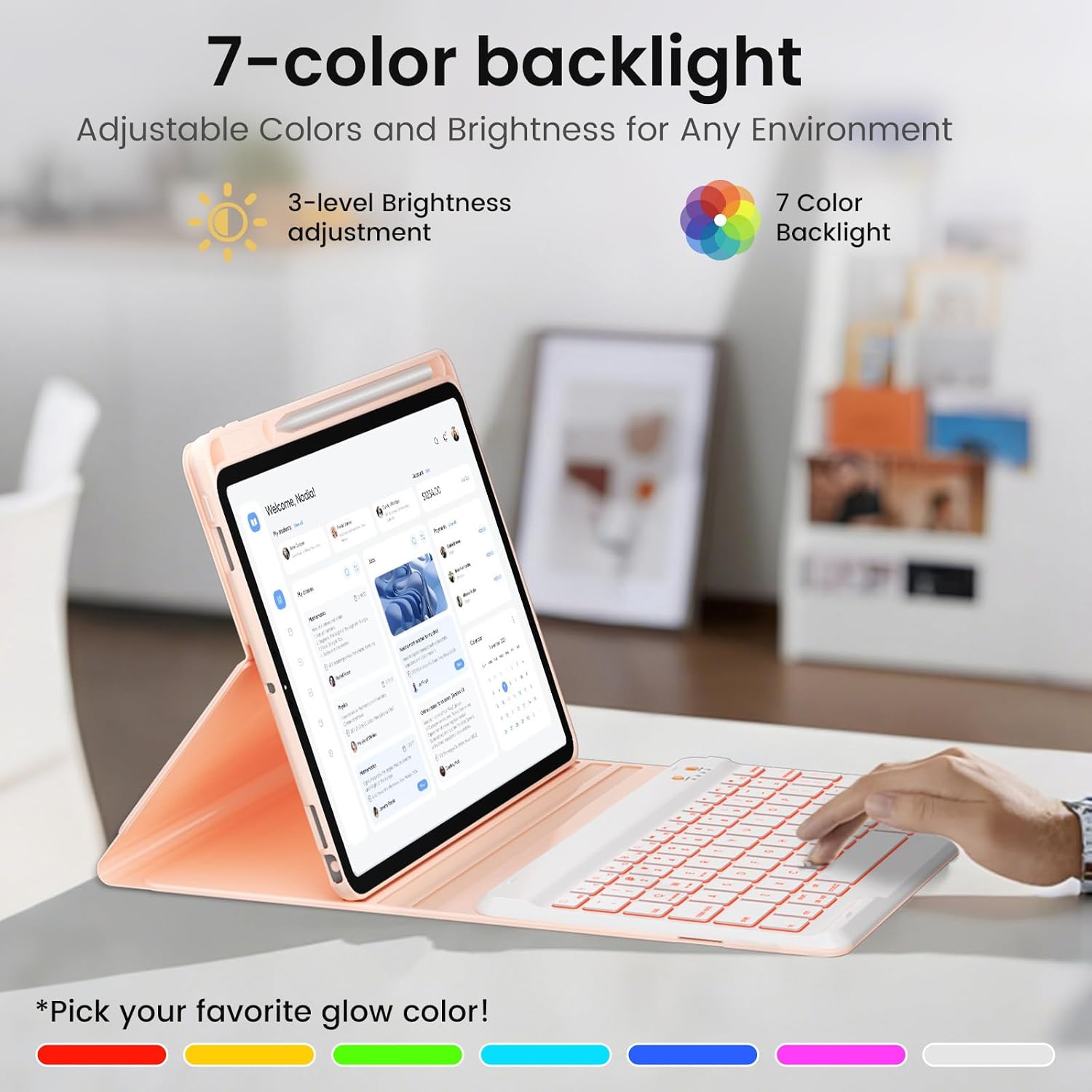 Keyboard Case for ipad air 13 2024, iPad Pro 12.9 inch 2022/2021/2020 (6th/5th/4th Gen) with Pencil Holder,Smart Folio Tablet Cover with 7 Color Backlit Detachable Wireless Keyboard - Pink