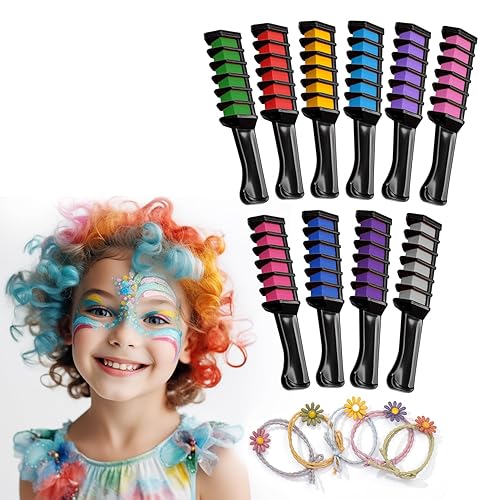 Magicat Juego de peines de tiza para el cabello, 10 colores lavables no tóxicos + 5 lazos para el cabello, color temporal para el cabello para niños