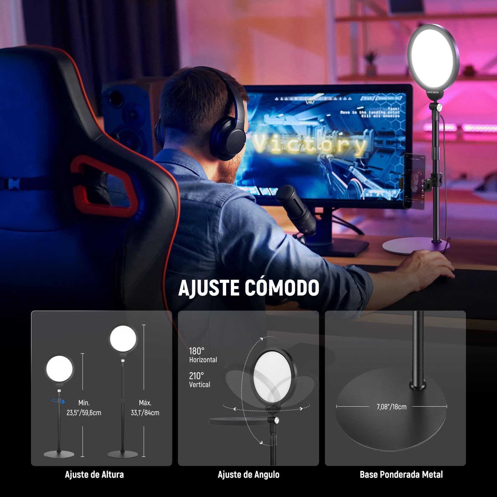 NEEWER Basic 7" Kit Luz Selfie Teléfono Escritorio, 10W 3000k-6500K Luz Anillo Pantalla Completa Regulable con Soporte y Soporte Teléfono para Videoconferencia,Selfie,Vlog,Maquillaje,Transmisión, R06