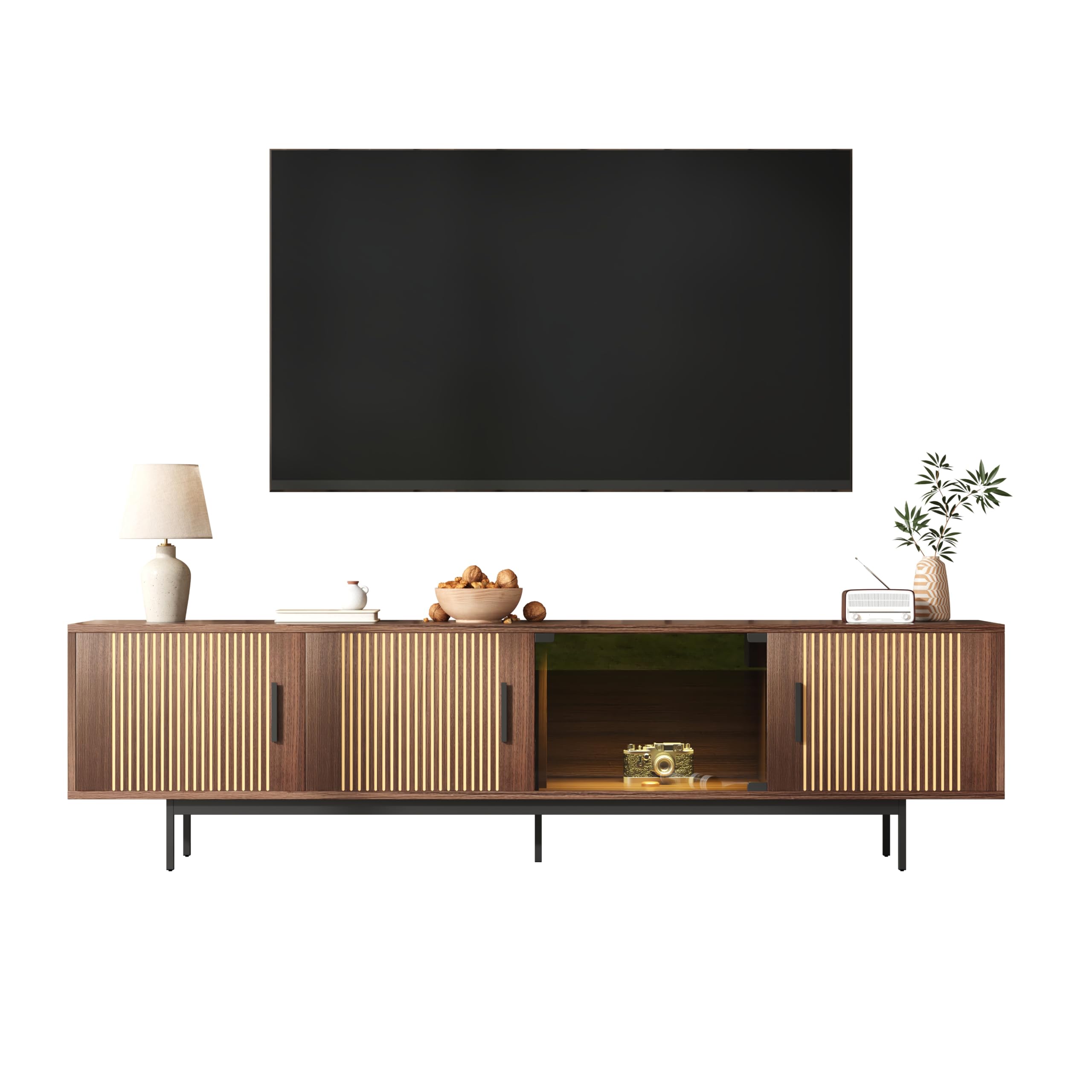 Szafka pod telewizor z diodami LED i drzwiami szklanymi, 200 cm, orzech