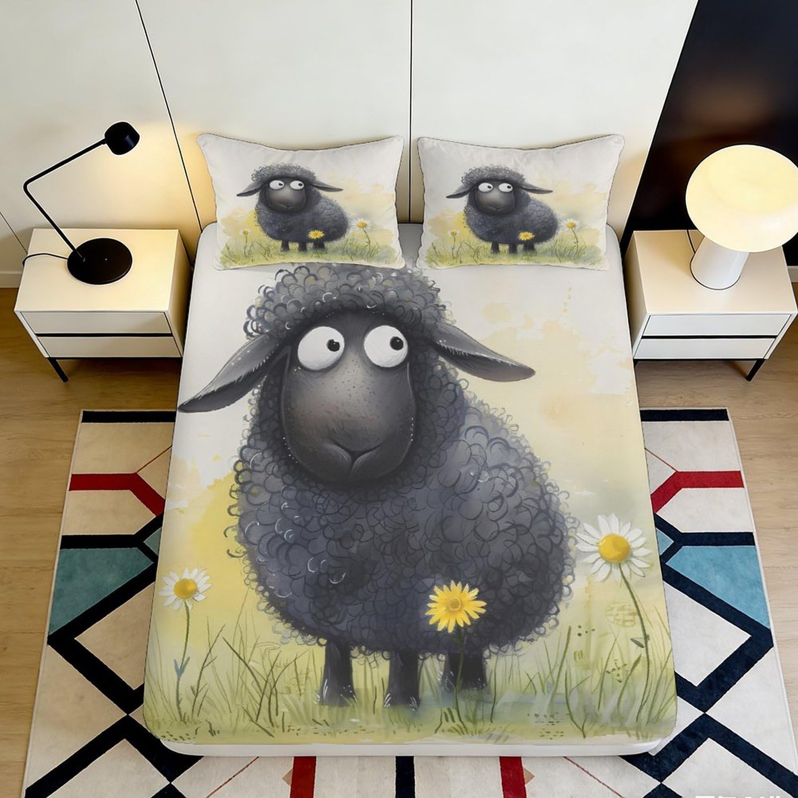 3D Printed Black Sheep Fitted Sheet Microfiber Cartoon Pastoral Bed Cover for Bedroom Dorm Mattress Protection Decor 90x200x25cm