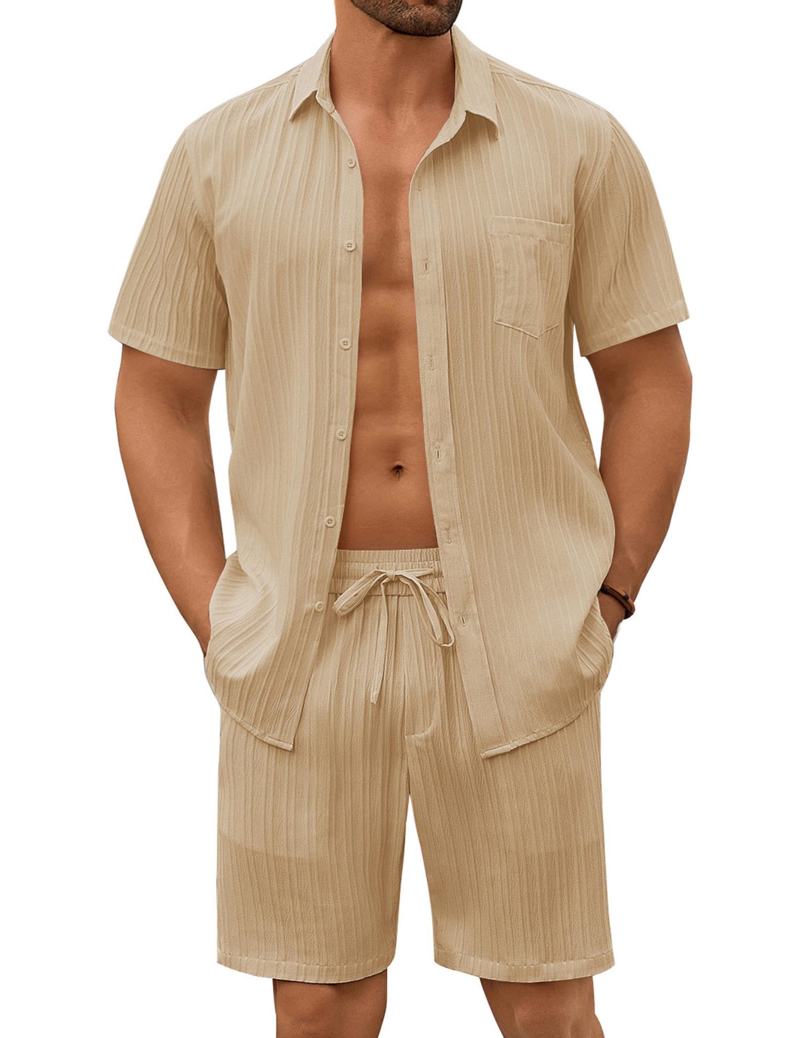 COOFANDY Mens Beach Outfits 2 Piece Sets Casual Short Sleeve Button Down Summer Textured Shirt