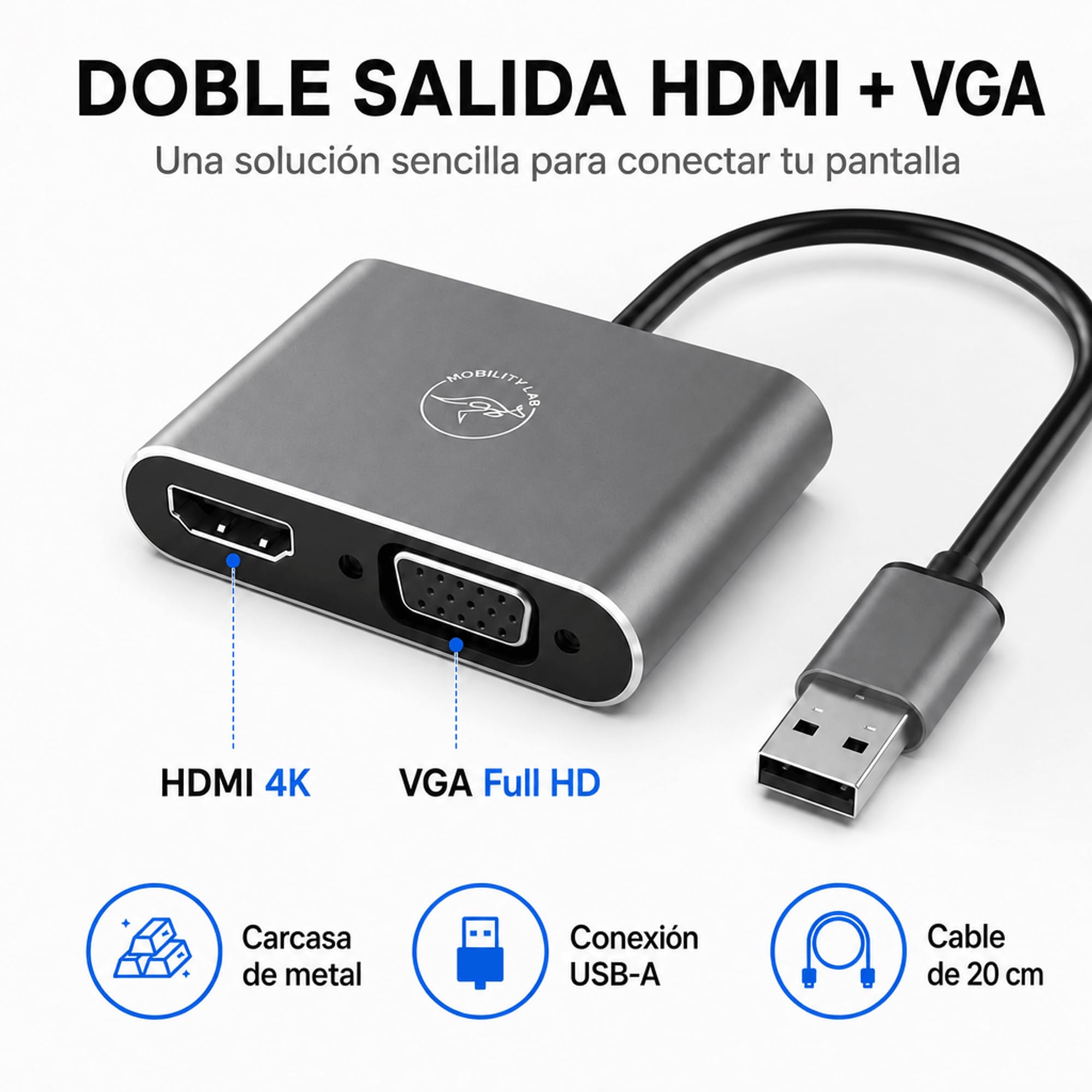 Mobility Lab Adaptador USB 3.0 a HDMI y VGA - Conexión de Alta Resolución 1920 x 1080p para macOS y - Ideal para Presentaciones, Juegos, Películas - Plug & Play - Sin Necesidad de Software