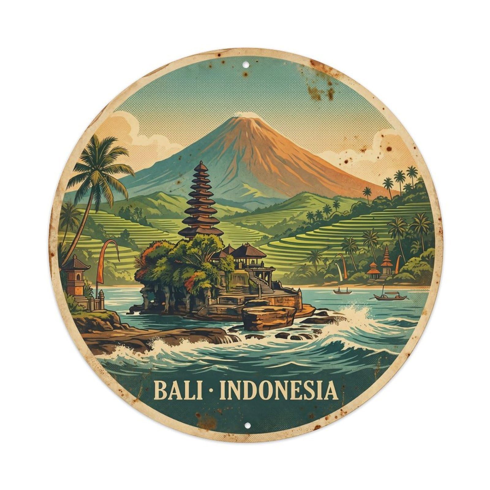 Olyhtr 8X8inch Classic Style Bali Indonesia Volcano Temple Island Tropical Metal Tin Sign
