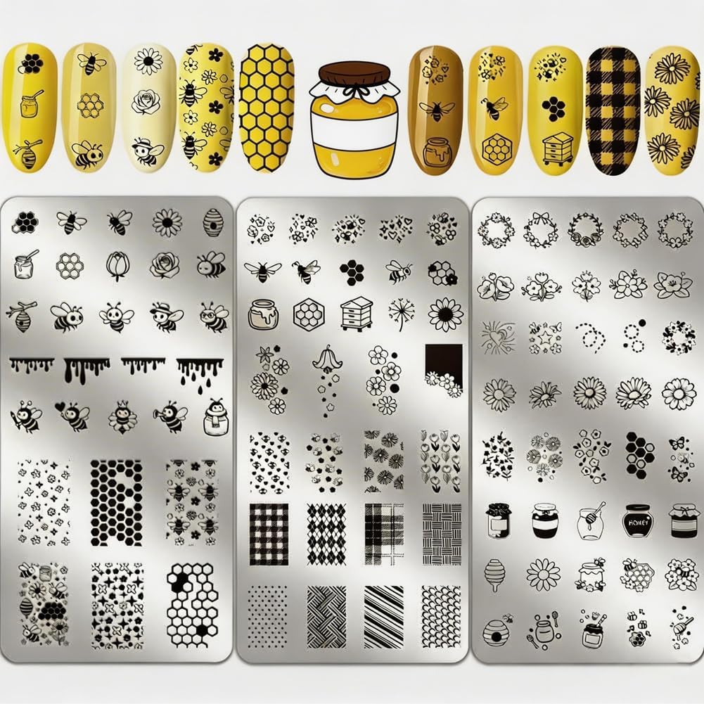 3 Sheets Bee Nail Stamping Plates Flowers 4.72 x 2.36 Inch Stainless Steel Nail Art Plates Honeycomb Sunflowers Texture 101Pcs Pattern Reusable Template Stencil for Print Manicure Design