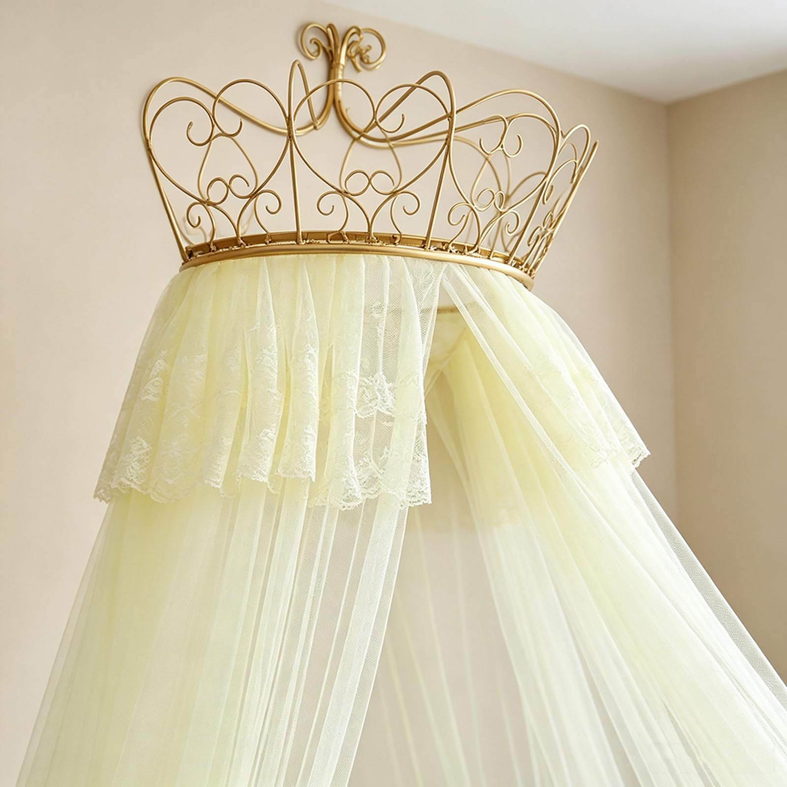 Bettvorhang für Mädchenzimmer, Hochwertige Betthimmel mit Metallkrone, Prinzessinnenzelt Moskitonetz Bett, Yellow