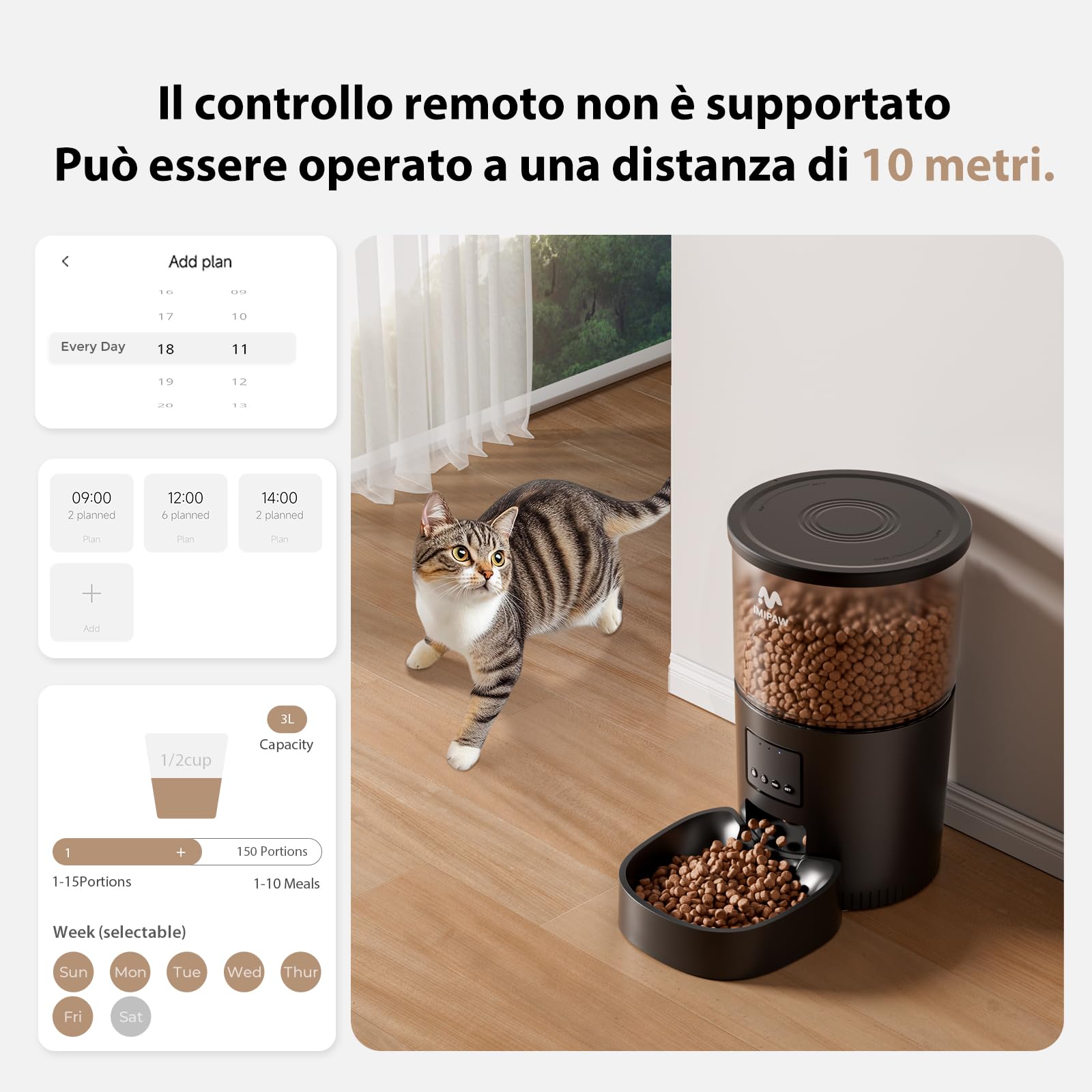 IMIPAW Distributore Automatico Cibo per Gatti - Alimentatore Intelligente 3L, Controllo APP, Timer Programmabile, 10 Pasti al Giorno, Dispenser Cibo per Cani Domestici di Taglia Piccola e Media