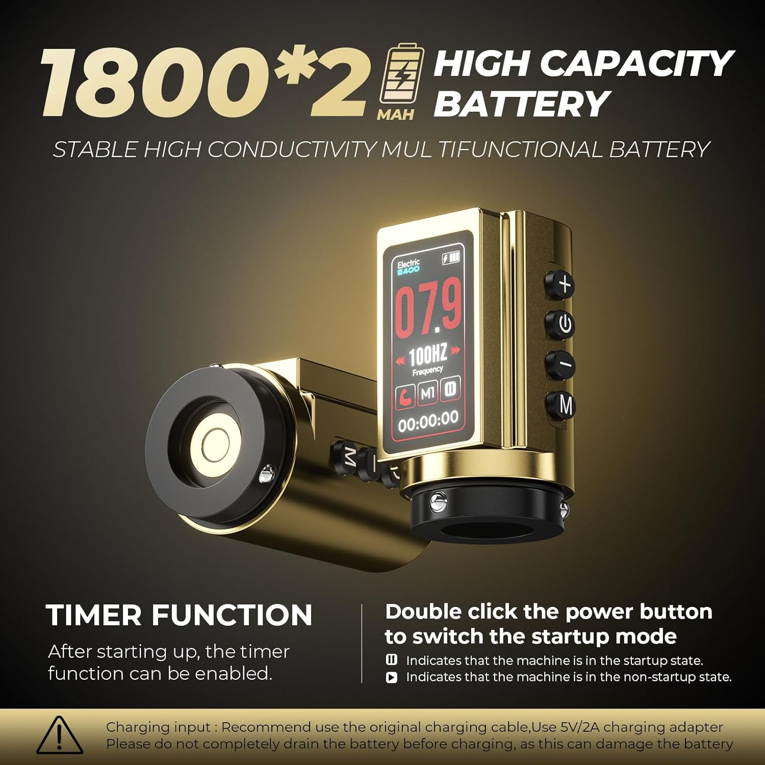 CNC Wireless Tattoo Machine with 3600mAh Dual Batteries Adjustable 7 Strokes 2.4-4.2mm Rotary Pen LED Display Brushless Motor Tattoo Gun for Tattoo Artists Supply Gold CNC-M2-E400-9