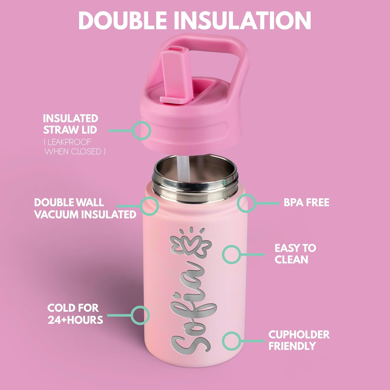 Personalized Kids Water Bottle with Name & Icon - Custom Kids Water Bottle, 12 oz with Leakproof Straw Lid - Back to School, Christmas & Birthday Gift for Boys & Girls, Pink - Image 5