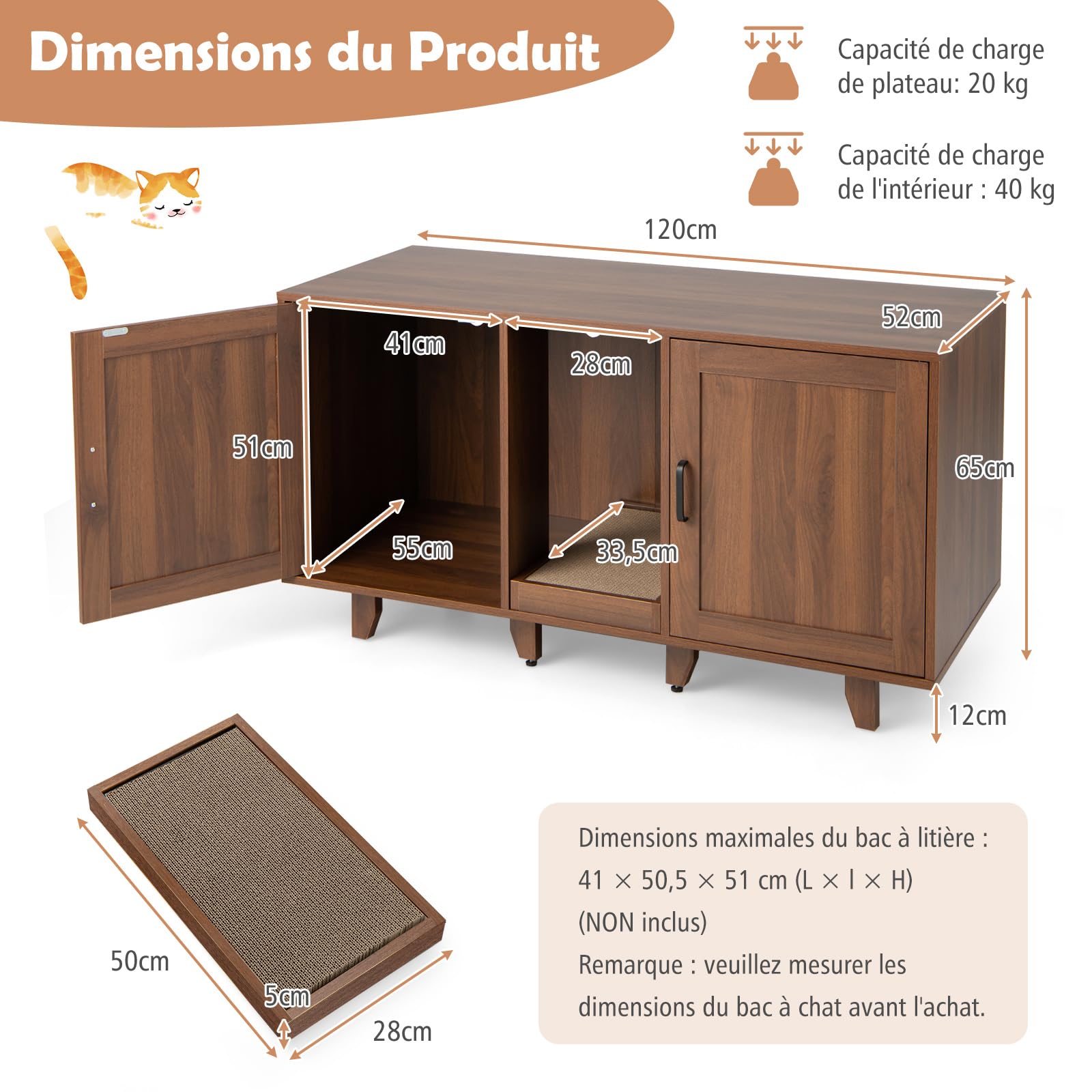 COSTWAY Meuble Litiere Chat en Bois, Cache Litiere Chat Double Porte 3 en 1, Planche à Griffer, 6 Pieds Surélevés Amovibles, 6 Passe-Câble, Maison de Toilette Chaton, 120 × 52 × 65 CM, Brun