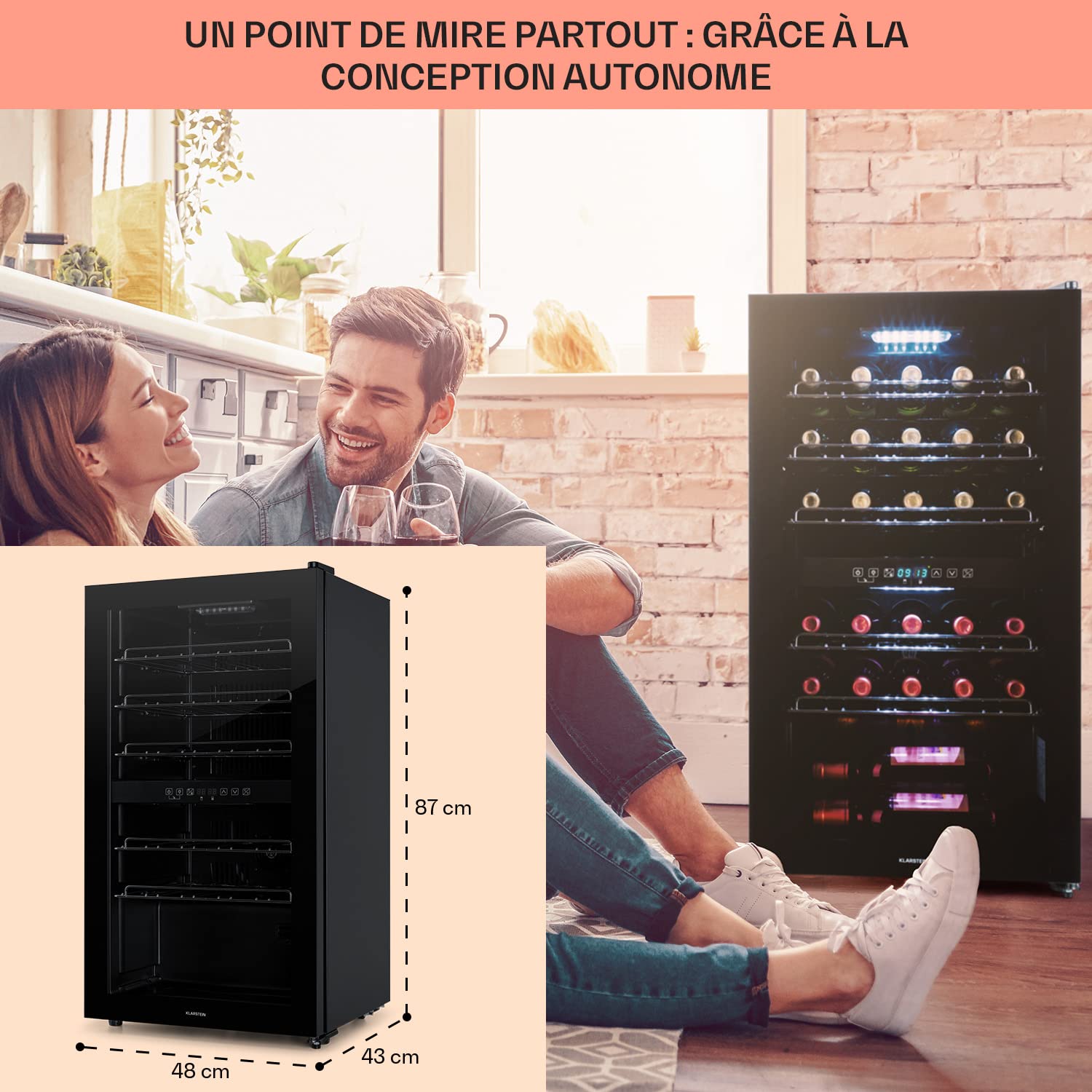 KLARSTEIN Cave à Vin 80L Double Zone, Porte en Verre, Armoire à Vin de Vieillissement, 29 Bouteilles