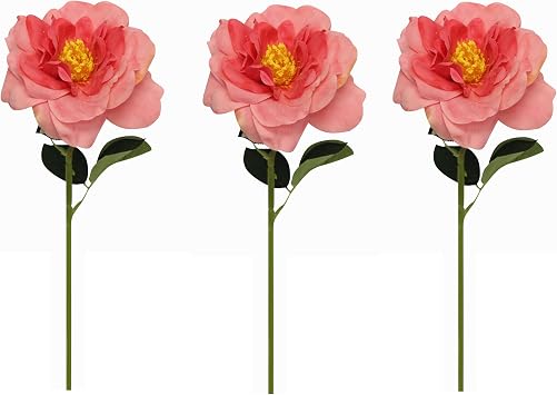 Pack of 3 Real Touch Large Orlane Rose, Lifelike Artificial Flowers, Realistic Fake Flower for Home & Wedding Decoration, Centerpieces, Bouquets, Wreath Arrangements - Shades of Coral