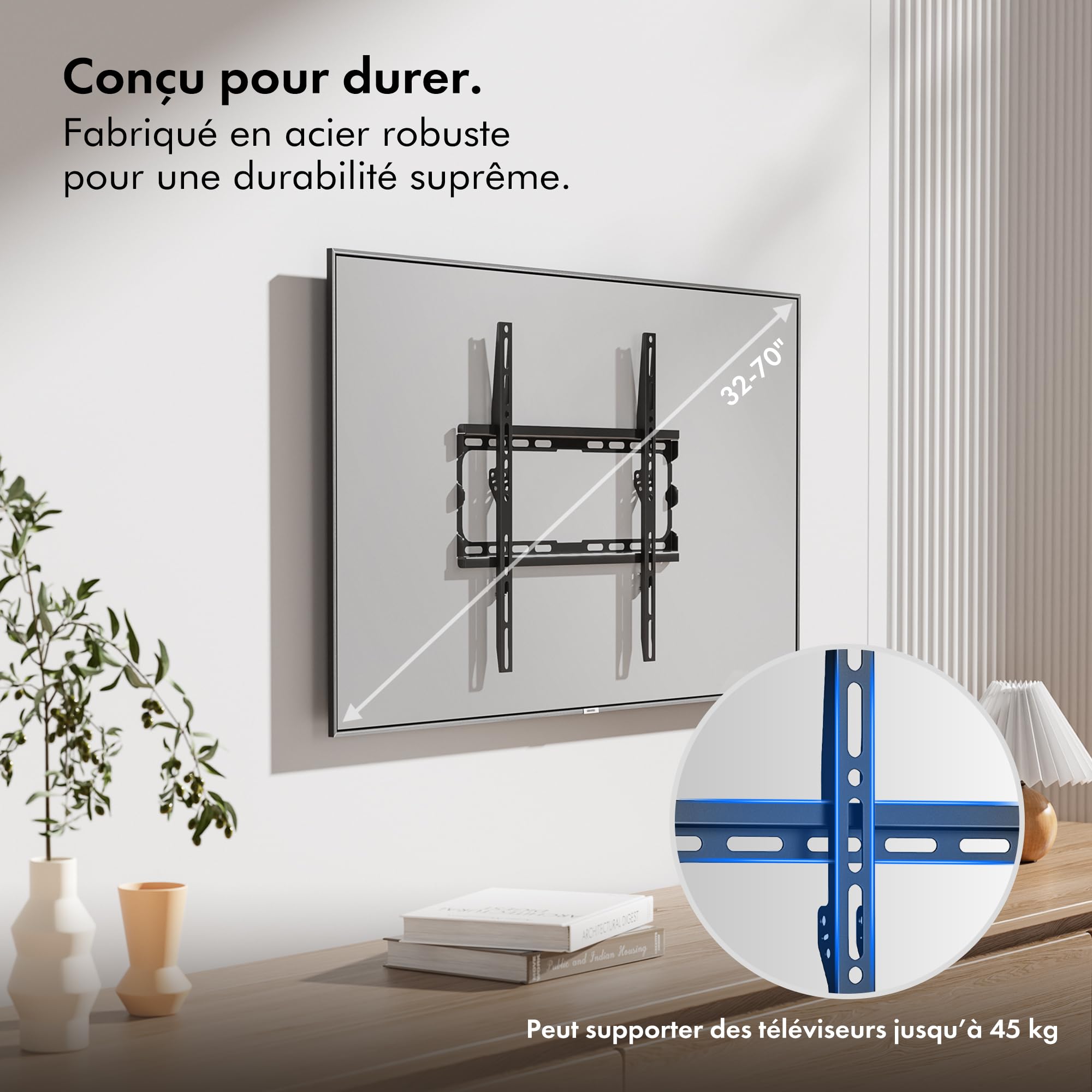 VonHaus Support Mural TV Ultrafin pour Écrans 32-70" - Support TV Mural avec Niveau à Bulle - Capacité de 45 kg - VESA Max : 400 x 400 mm