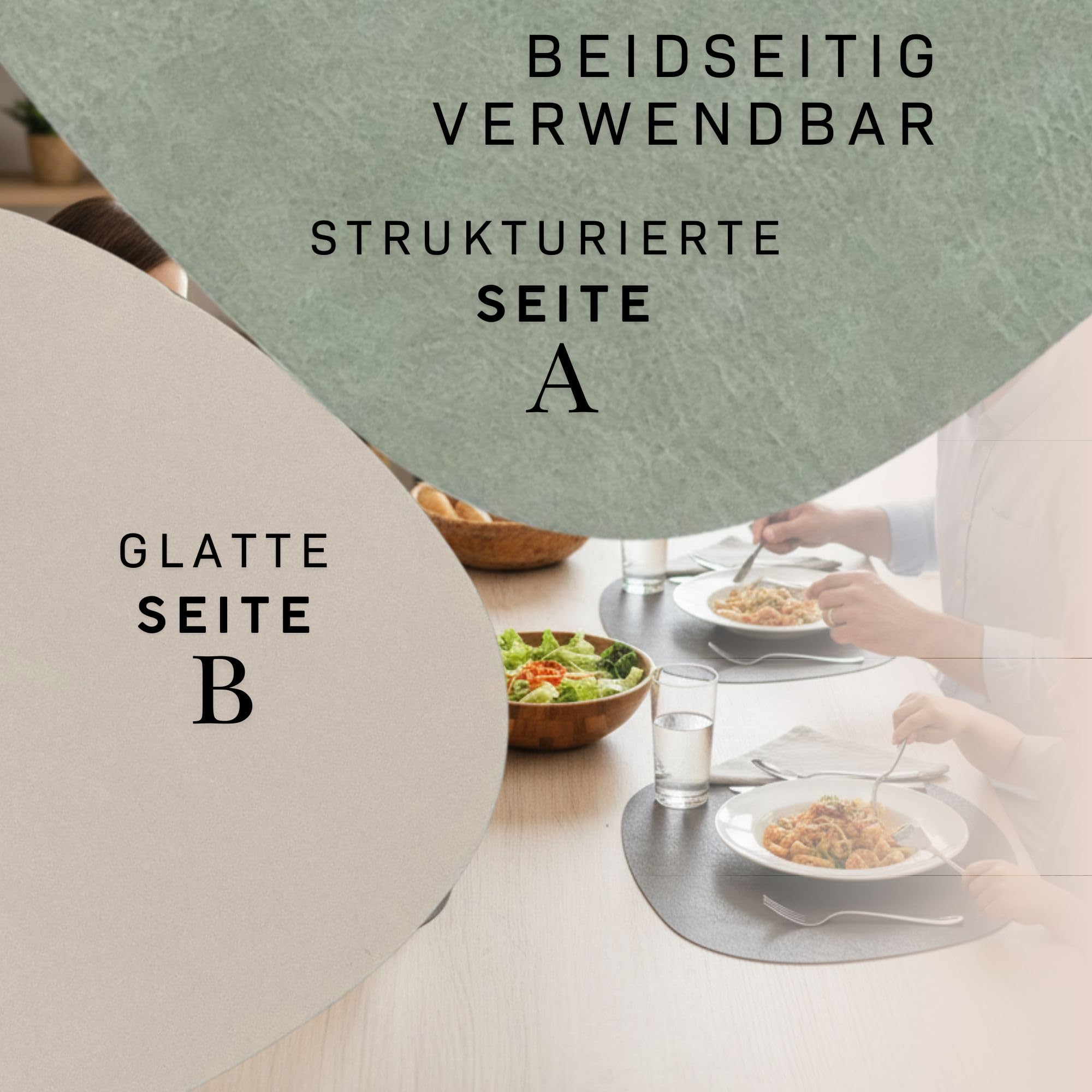 Platzset Kunstleder oval, Wendbares Tischset abwaschbar, Modernes Platzdeckchen, Tischunterlage Nierenform (Salbei/Beige, 6 Stück Platzsets)