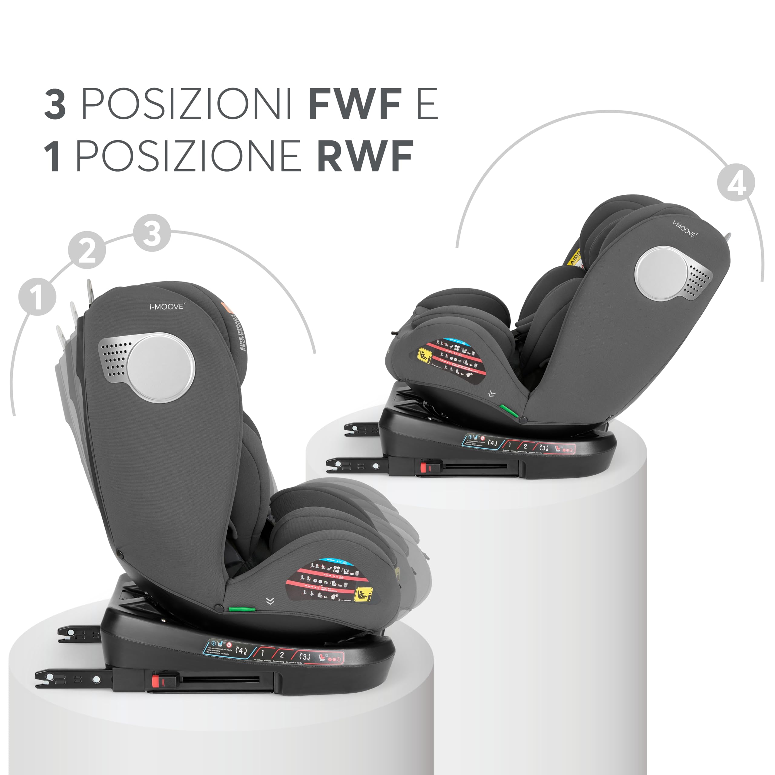 KikkaBoo Seggiolino Auto 0–36 kg ISOFIX i-Size i-MOOVE 2, 40–150 cm, Rotazione 360°, Reclinabile, Poggiatesta Regolabile, Contro e Fronte Marcia, Grigio Scuro