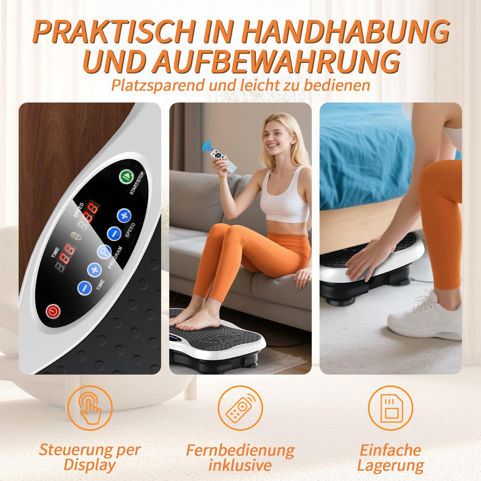 Vibration Plate, Vibration Board mit Haltestange, Griff, Bluetooth-Lautsprecher, Fernbedienung und Spannseil Rüttelplatte Sport für Zuhause, Vibrationsplatte für Frauen Ganzkörpertraining