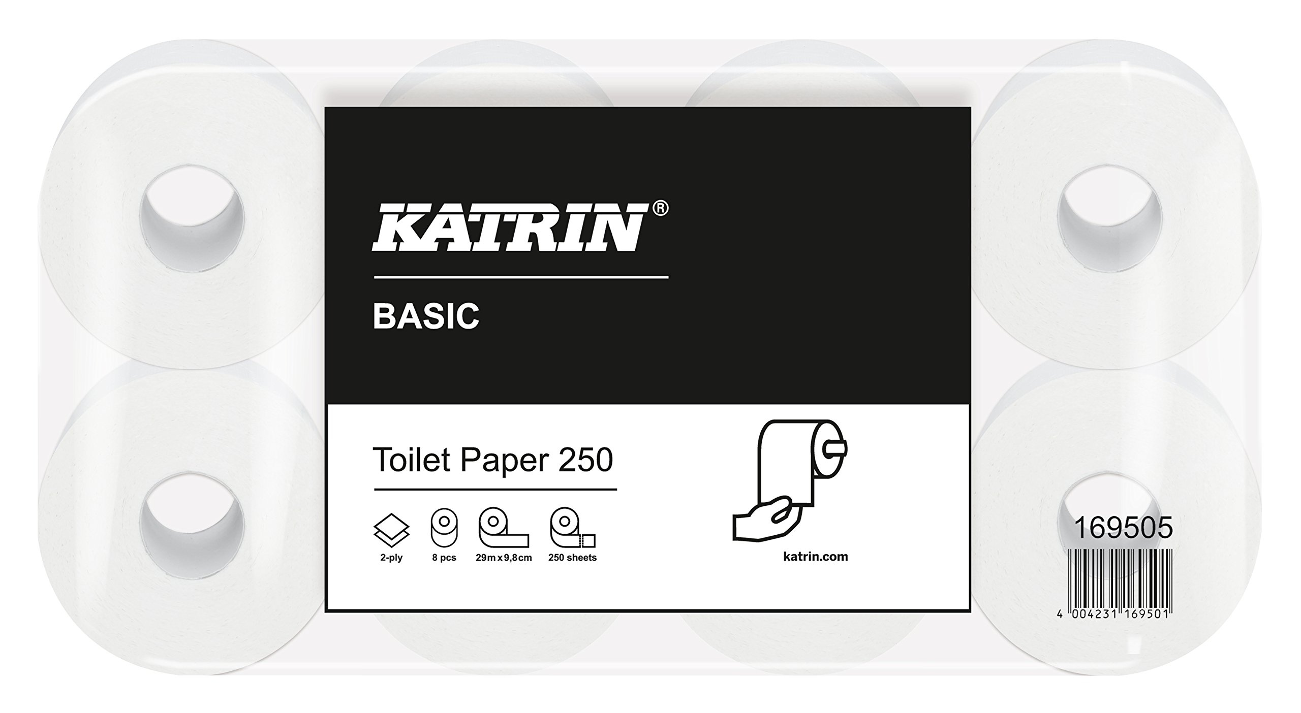 Katrin Basic Toilet 250 - Papel higiénico (9,8 x 11,6 cm, 2 capas), color blanco