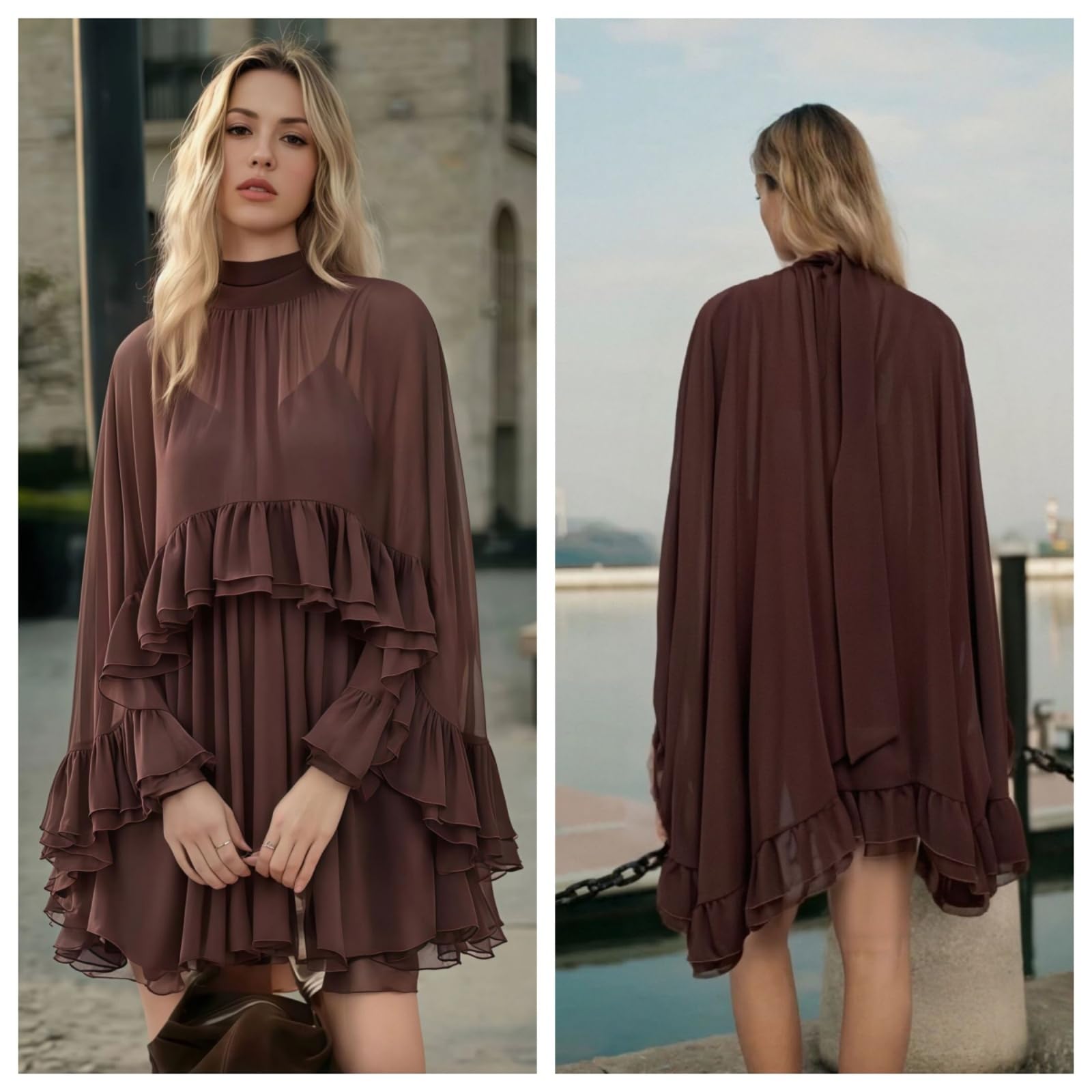 Generico Abito Estivo Corto ed Elegante in Chiffon Semitrasparente con Volant e Mantella Esterna; Maniche a Poncho, Collo alla Coreana e vestibilità Morbida e fluida
