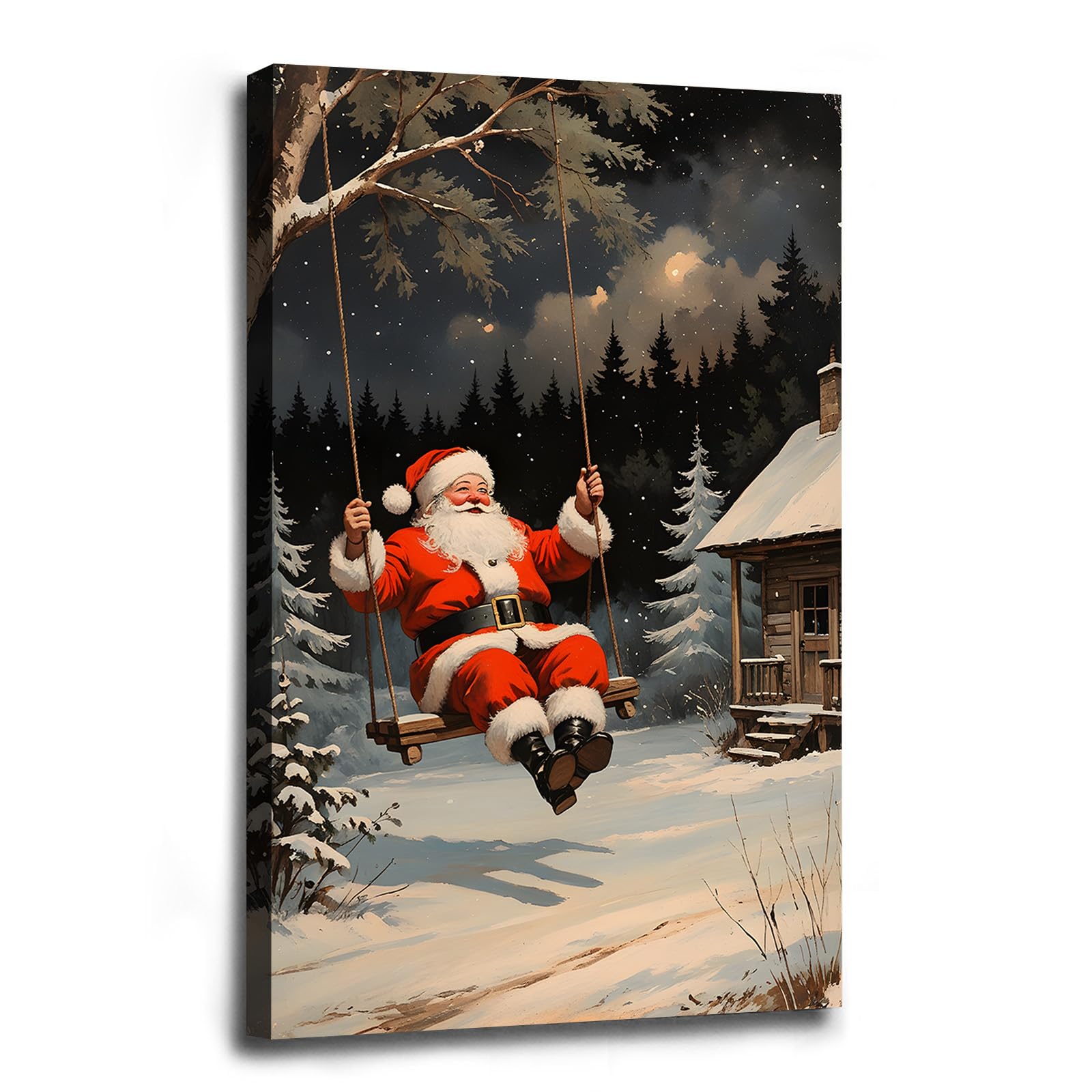Christmas Santa Swing Canvas Painting Festive Holiday Decor Cozy Winter Wonderland Print Rural pastoral print Holiday Gifts Indoor Decor for Home Offices Living Room Bedroom Framed Ready to Hang