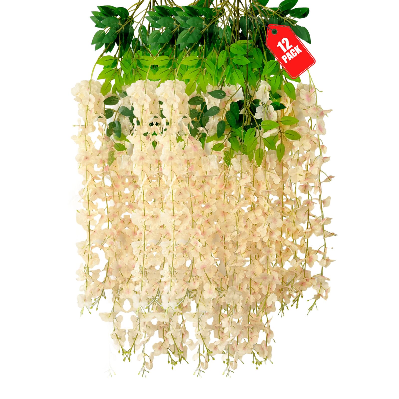 ZEBMOON 12 Pack Champagne Wisteria Hanging Flowers, 3.44 Ft Fake Hanging Flowers, Artificial Wisteria Garland Vines for Wedding Room Backdrop Outdoor
