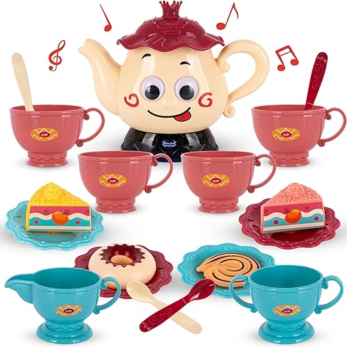 ArtCreativity Musical Tea Set for Girls - 19-Piece Girls Tea Party Set -Toddler Tea Set with Motion-Activated Pouring Sound, Music, and Flashing