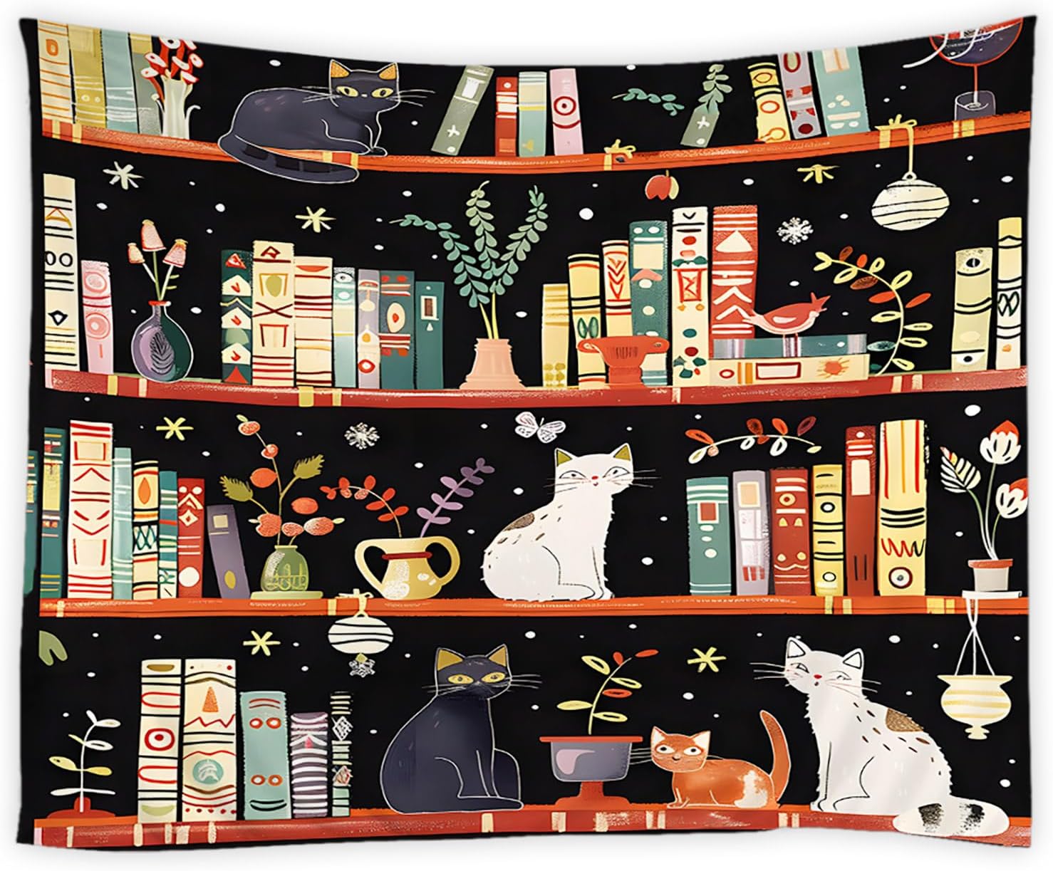 Cat Bookshelf Tapestry Fantasy Magic Library Boho Floral Plant Hippie Wall Hanging Art Decor for Bedroom,Living Room,Dorm
