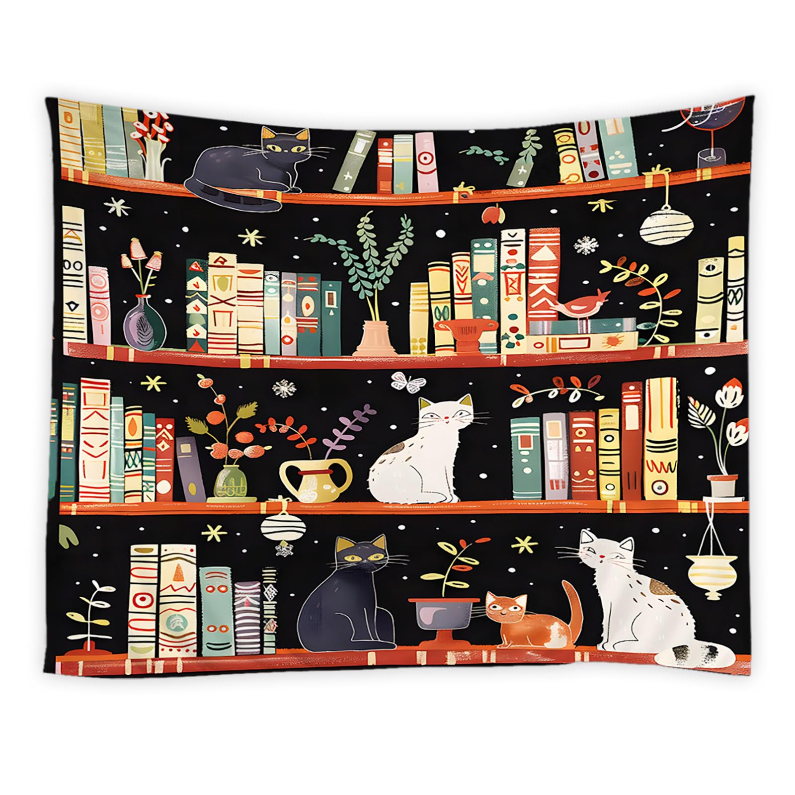 HYKHYK Cat Bookshelf Tapestry Fantasy Magic Library Boho Floral Plant Hippie Wall Hanging Art Decor for Bedroom,Living Room,Dorm