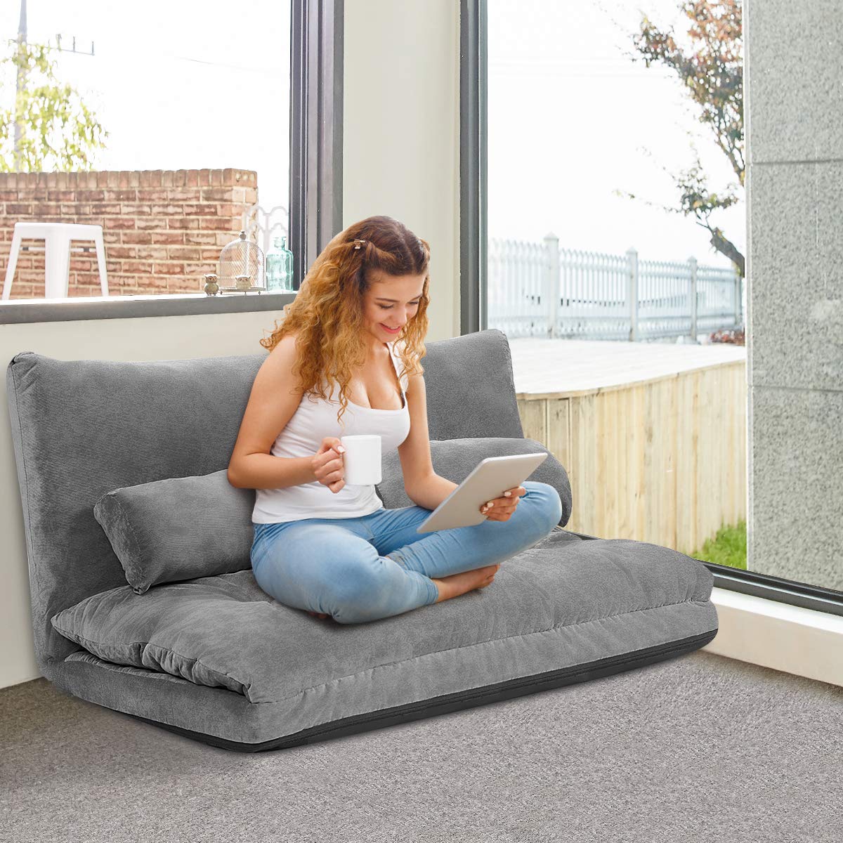 COSTWAY Klappbares Bodensofa, 3 in 1 Schlafsofa mit Schlaffunktion und Verstellbarer Rückenlehne, Sofabett mit 2 Lendenkissen, Klappsofa für Wohnzimmer & Schlafzimmer (Grau)