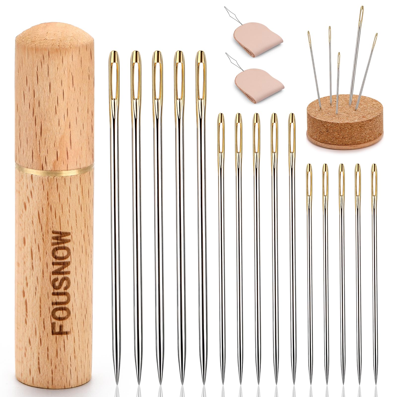 FOUSNOW Juego de 19 agujas de coser a mano, agujas de coser surtidas con cojín de agujas de coser de madera, enhebradores de agujas para coser a mano, agujas de coser a mano de 3 tamaños para coser y