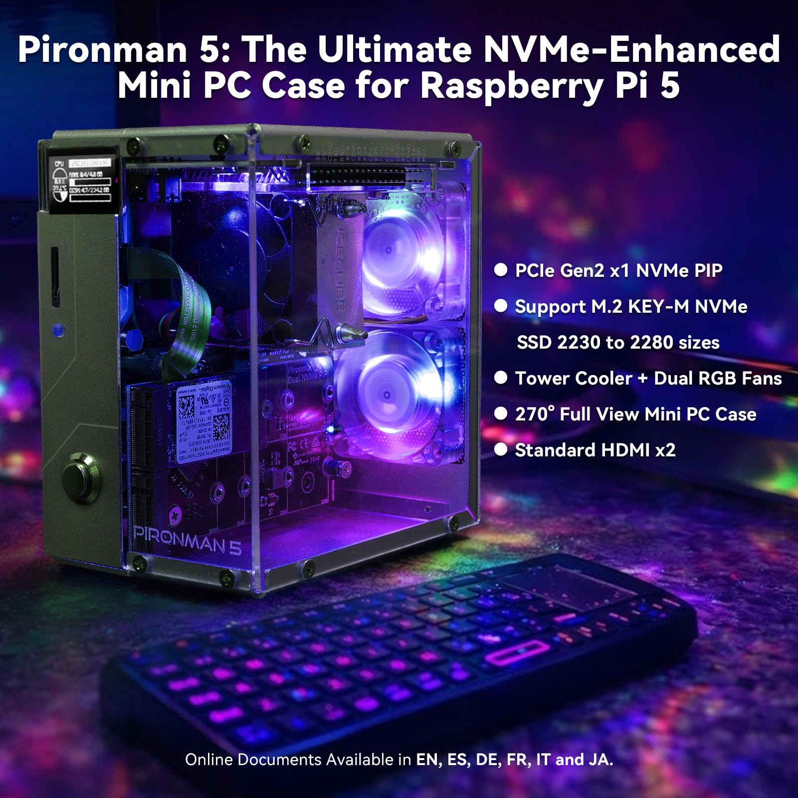 PIRONMAN 5 Raspberry Pi 5用 Pironman 5 NVMe M.2 SSD PCIe 2.0/3.0 Mini PC Case para Raspberry Pi 5