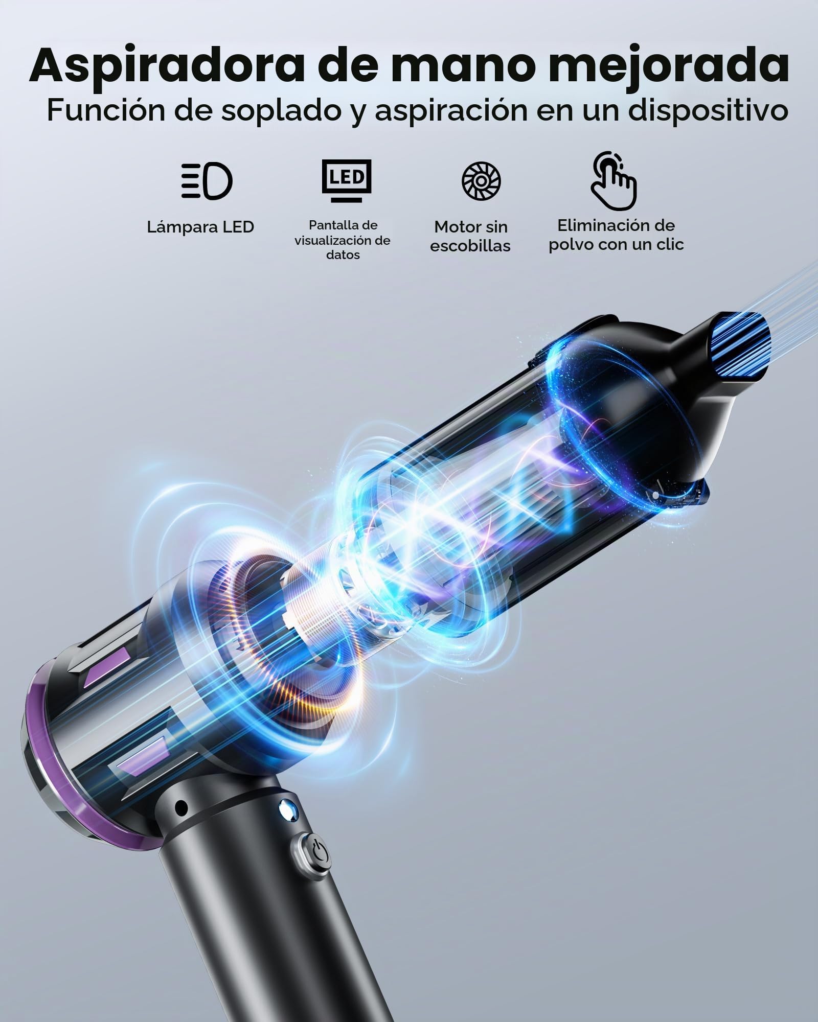 Aspirador de mano con batería para aspiradora de mano con pantalla digital e iluminación LED, 21000 Pa sin escobillas Motor Aspirador Coche Aspiradora de 3 etapas Mini Aspiradora Adecuado para