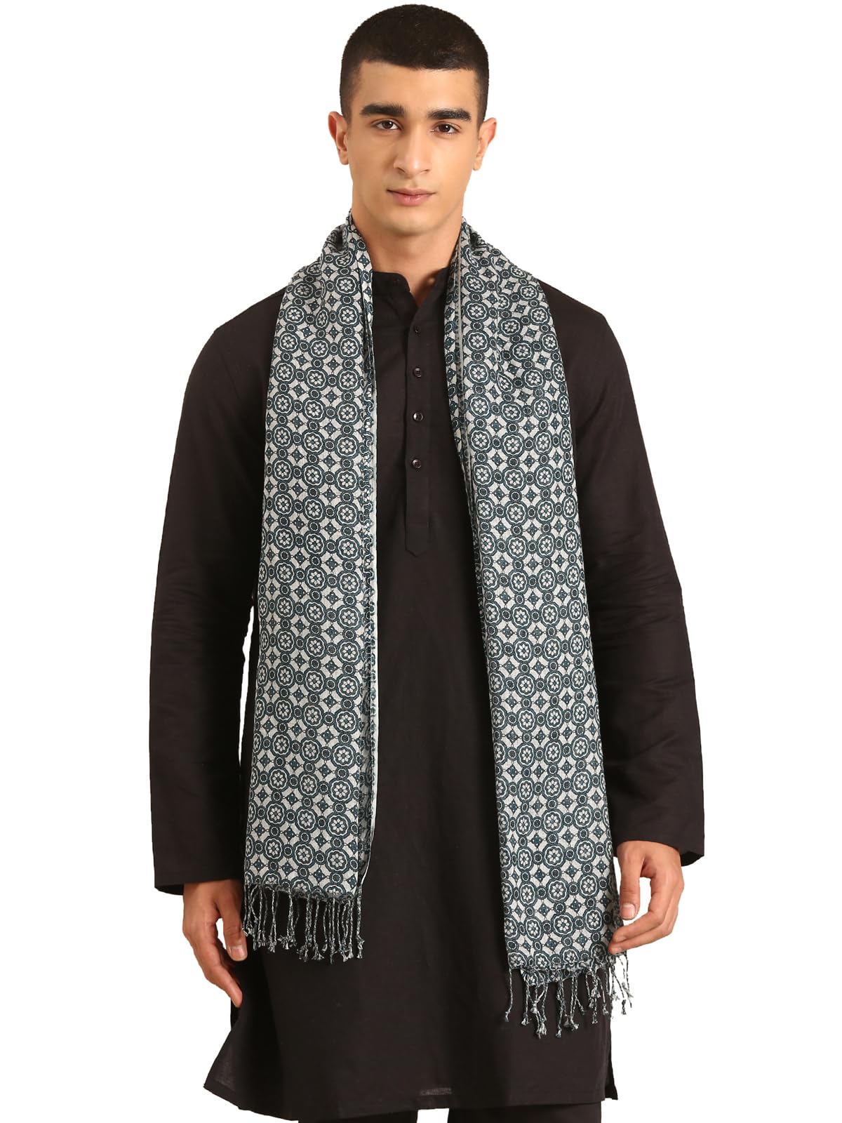 linen club Unisex Linen Stole Geometric Light Grey (Size:Free Size)-picture-38