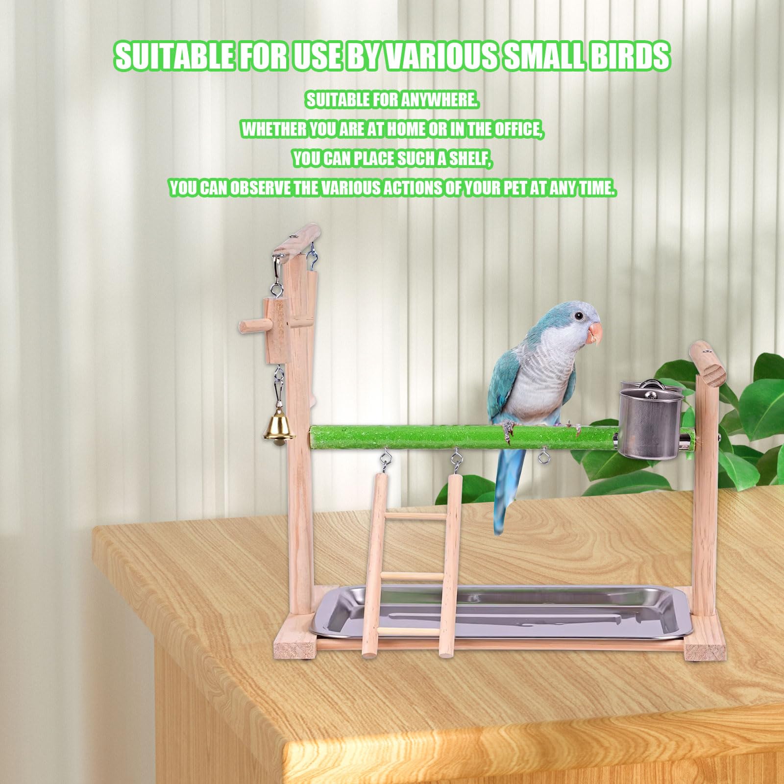 Parrot Toys, Wooden Bird Playground Parrot Perch Stand with Tray Feeder Cup Ladder Swing Toys - Image 3