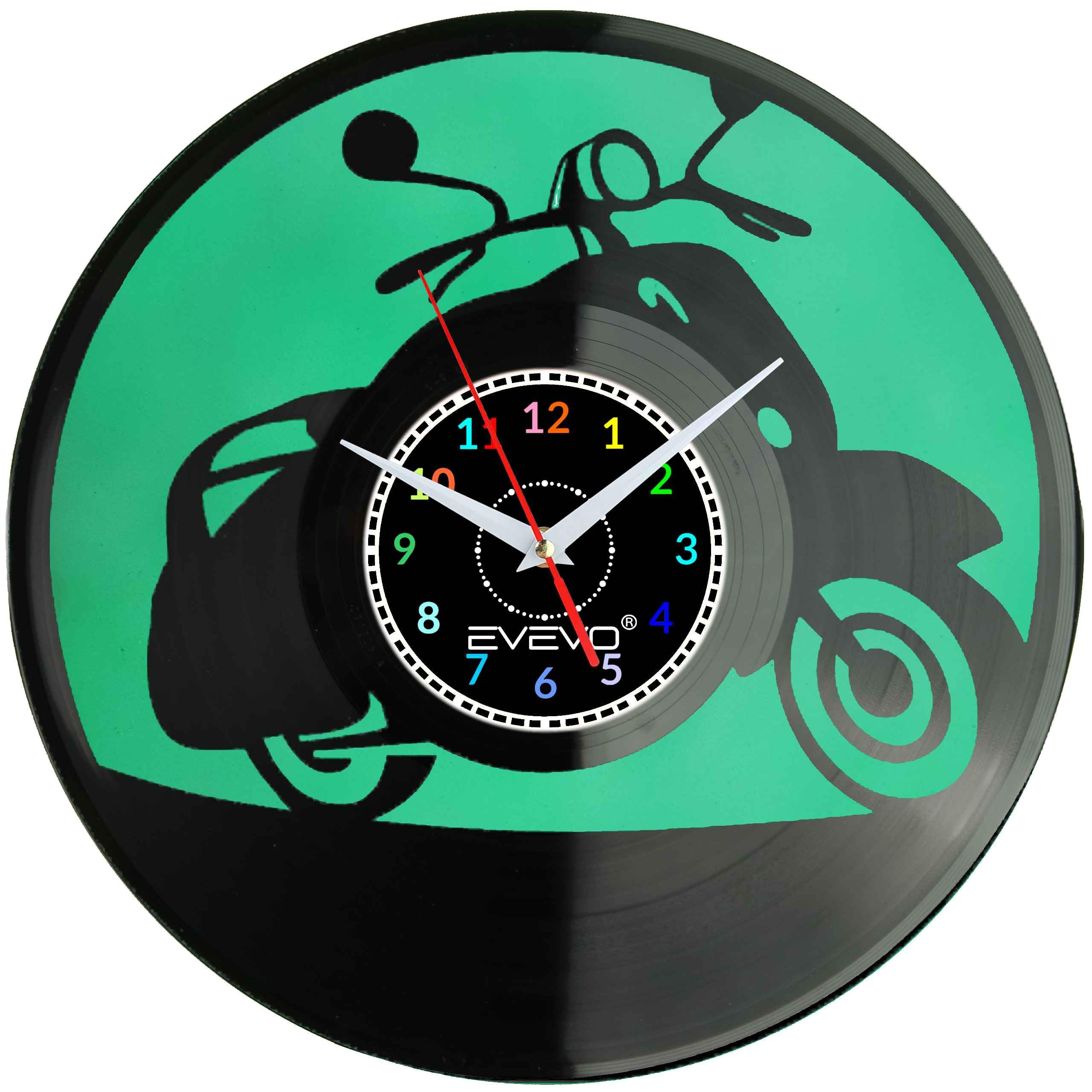 ZEGAR ŚCIENNY SKUTER MOTOROWER KLASYCZNY WŁOSKI FLUORESCENCYJNE TŁO PŁYTA WINYLOWA PREZENT UPOMINEKA GIFT SOUVENIR F0099 EVEVO
