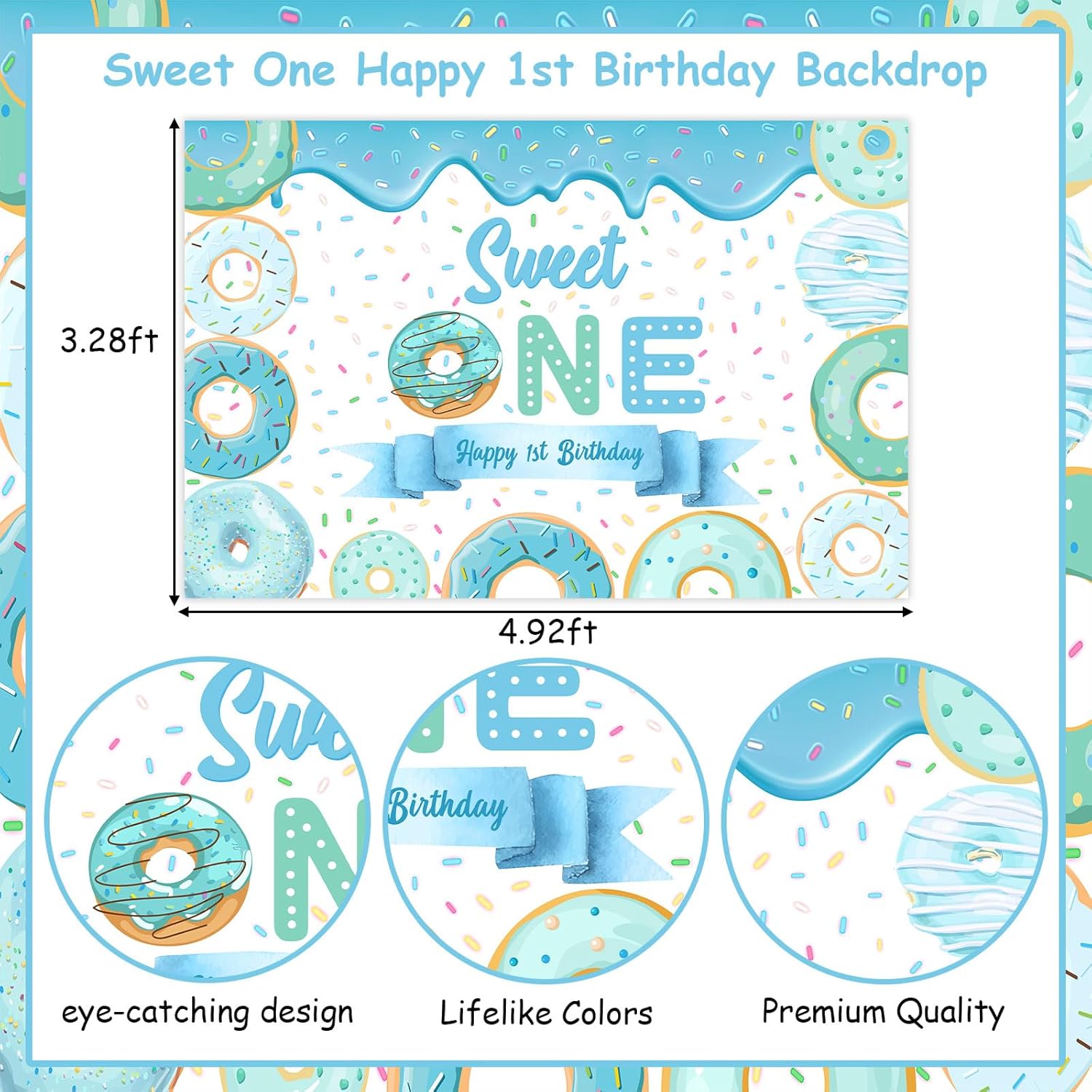 Sweet One Birthday Party Decorations - Blue Doughnut Backdrop Banner, Cake Topper, Highchair Banner, Donut Balloons for 1st Birthday Party Decorations for Boy