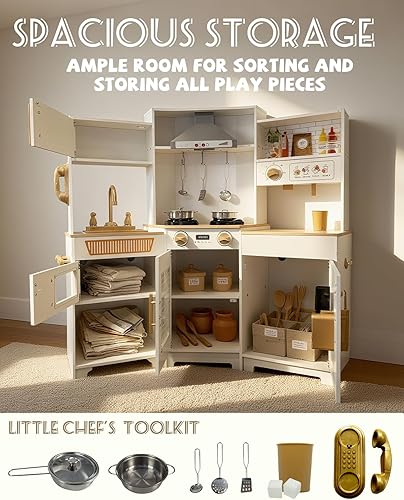 Miniatura 5 de YUG Juego de cocina para niños pequeños, juego de cocina de esquina con luces y sonidos, juguete de madera con horno, microondas, estufa, máquina de