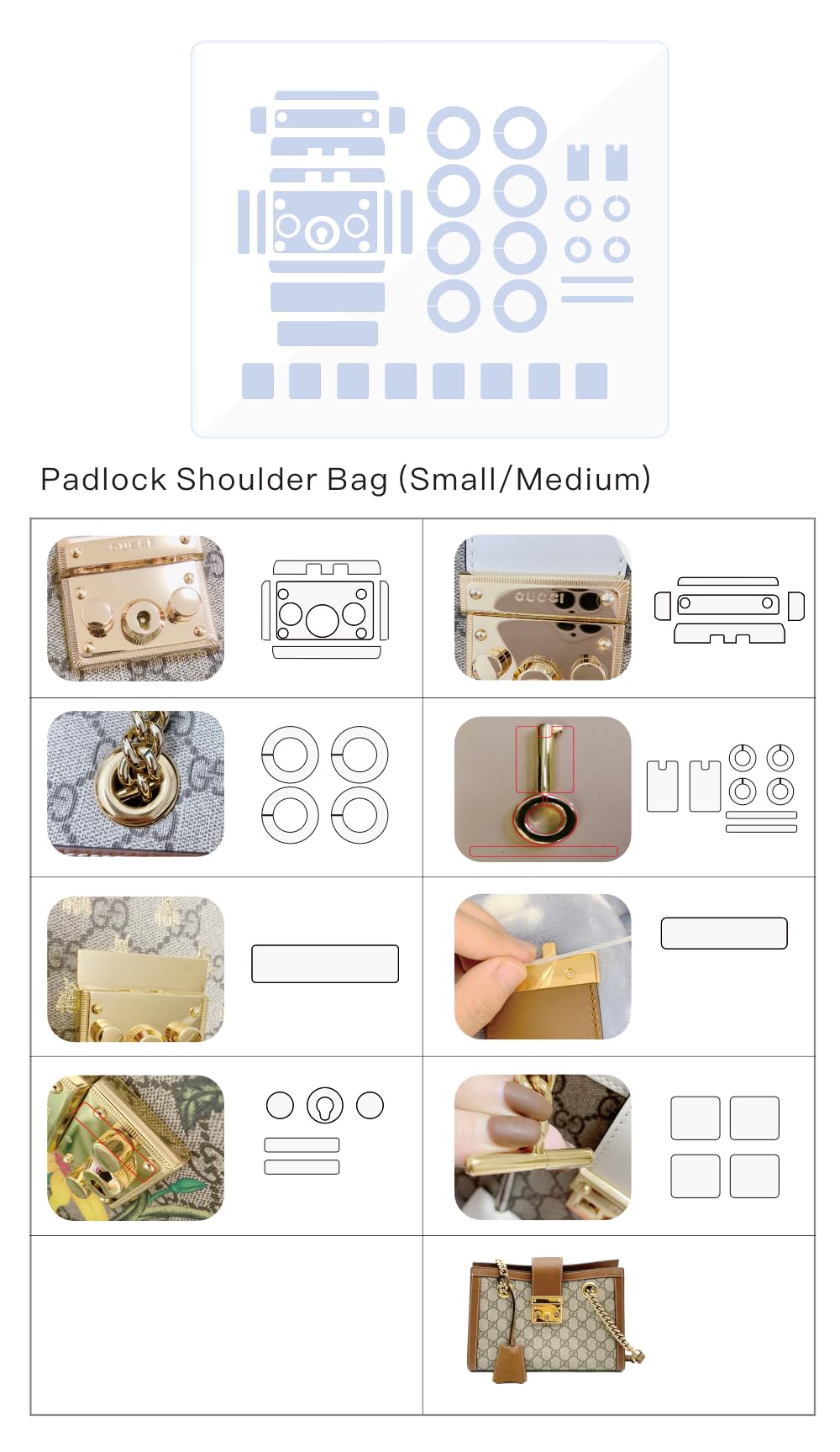 BagArmor Película protectora de hardware, compatible con candado Gucci, bolsa de hombro, monedero, calcomanía transparente, antiarañazos, transparente