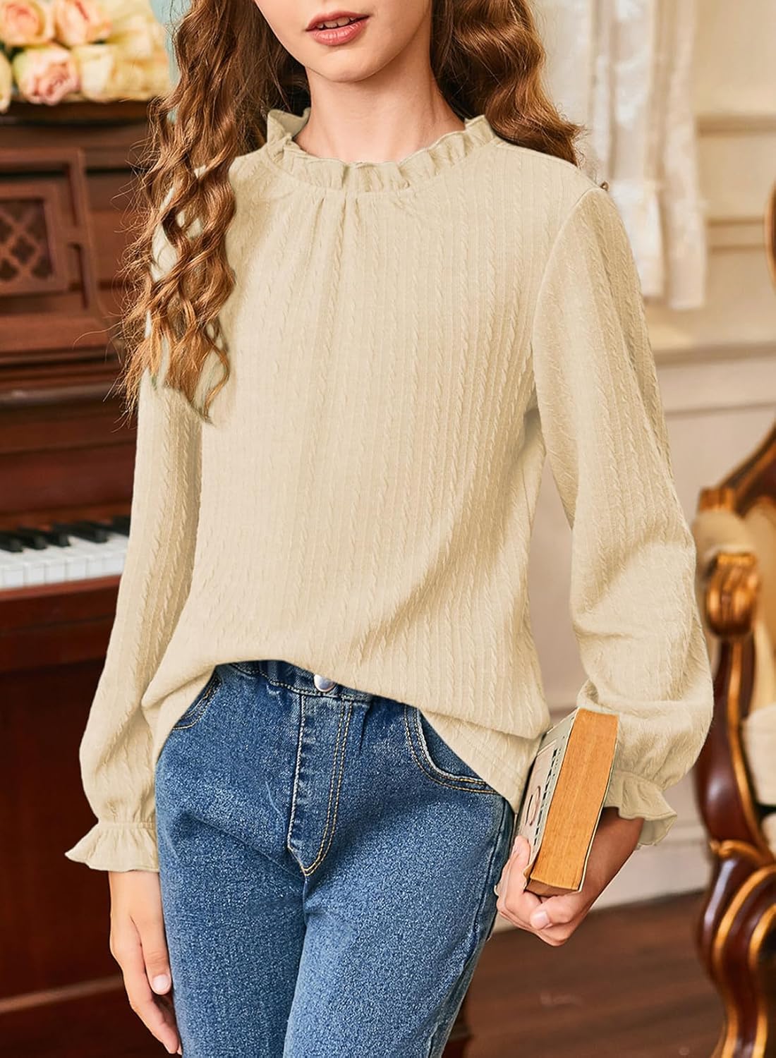 Girls Shirts Long Sleeve Lightweight Tops 2026 Spring Fashion Blouses Knit Crewneck Basic Tee 6-13 Years - Image 3