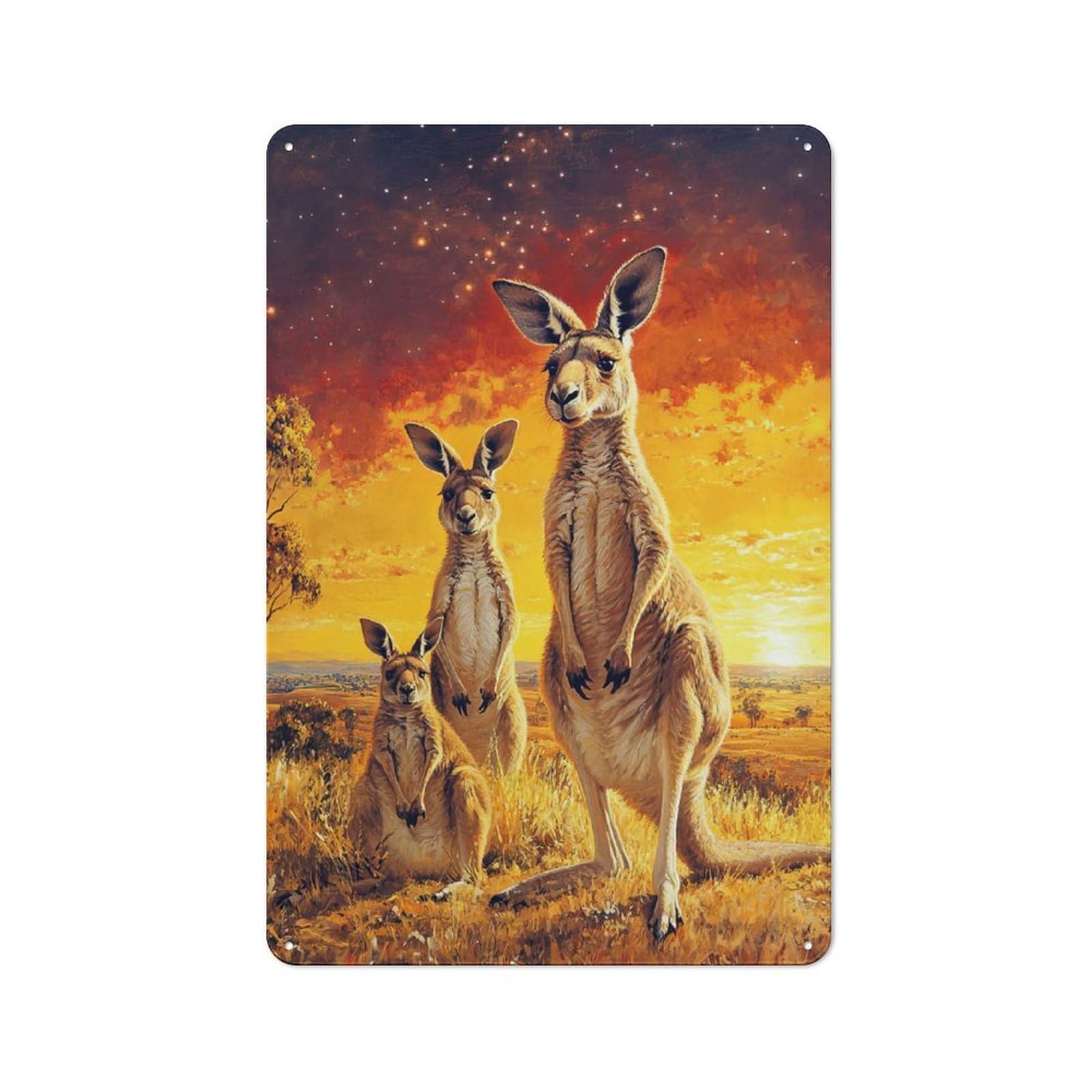 Tin Wall Plaque 30x20cm with Kangaroo Family Sunset for Man Cave Or Games Room, A Housewarming Gift for Leisure-room Decor Enthusiasts