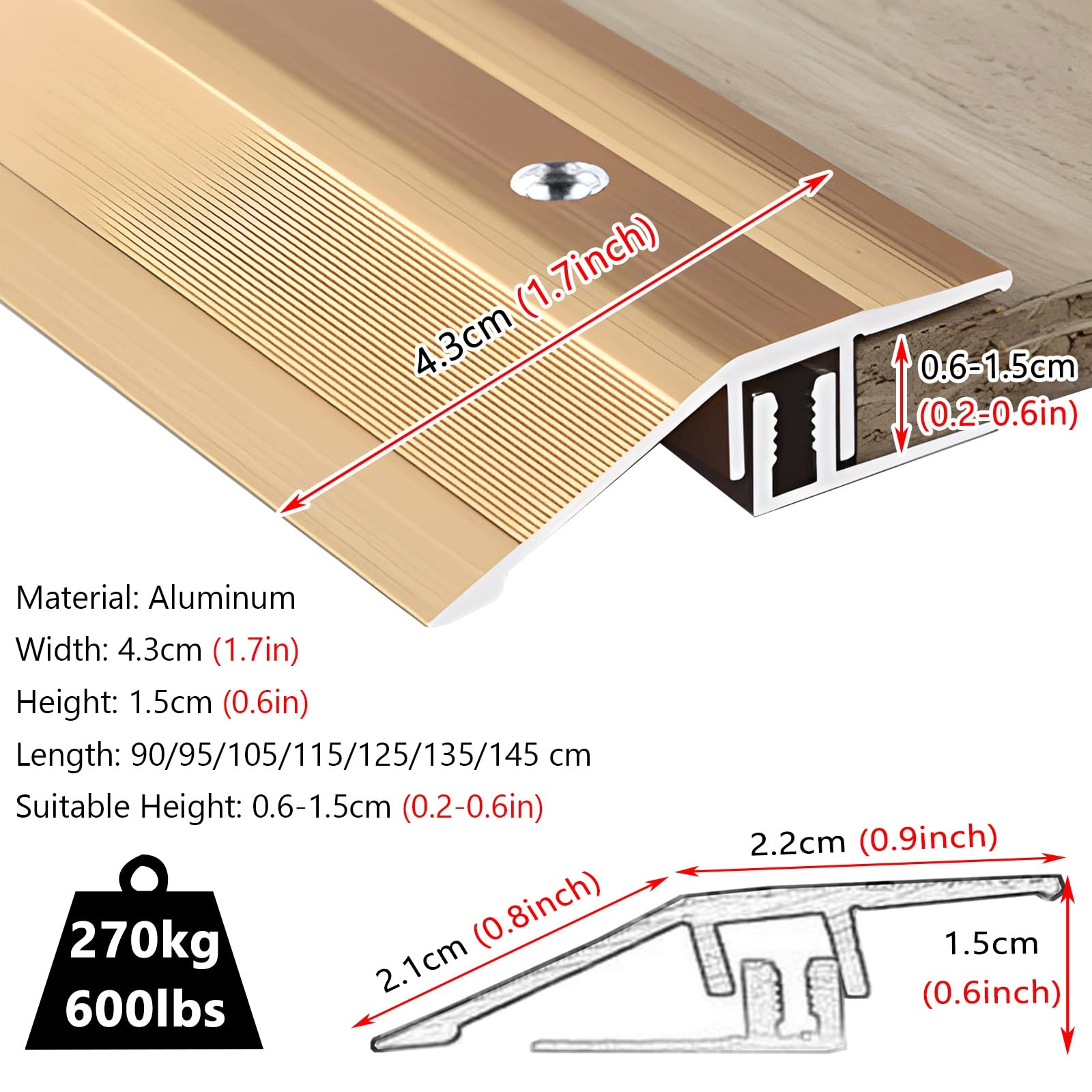 Loading Ramps, Threshold Ramp, Car to Tile Transition Strip Gray Gold, Wide 4.3cm Threshold Sill Ramp Flooring Edge Trim for Uneven Doorway, Safety Reducer with S